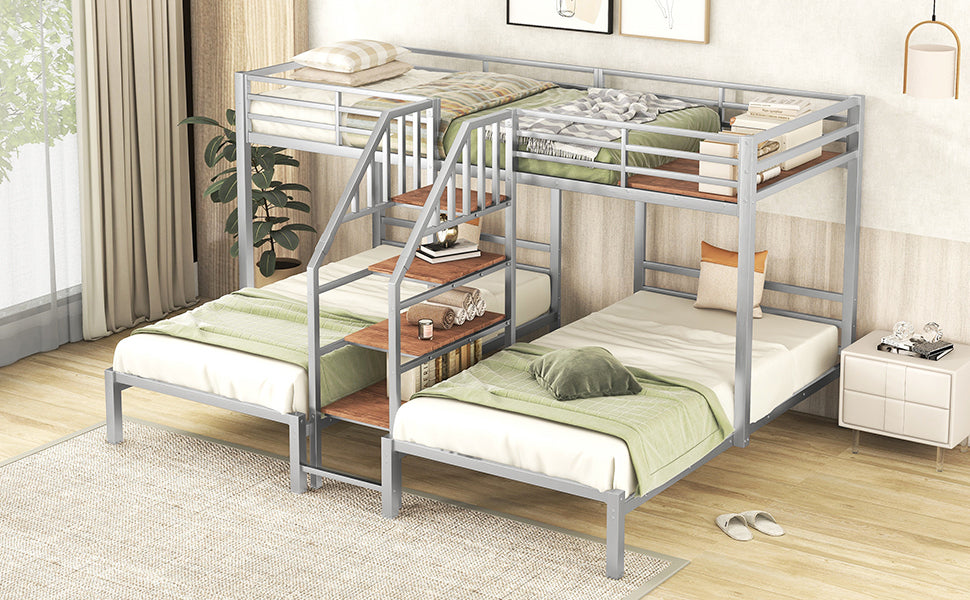 Metal Twin Over Twin & Twin Bunk Bed, Triple Bunk Bed With Storage Shelves Staircase, Silver Silver Metal & Wood