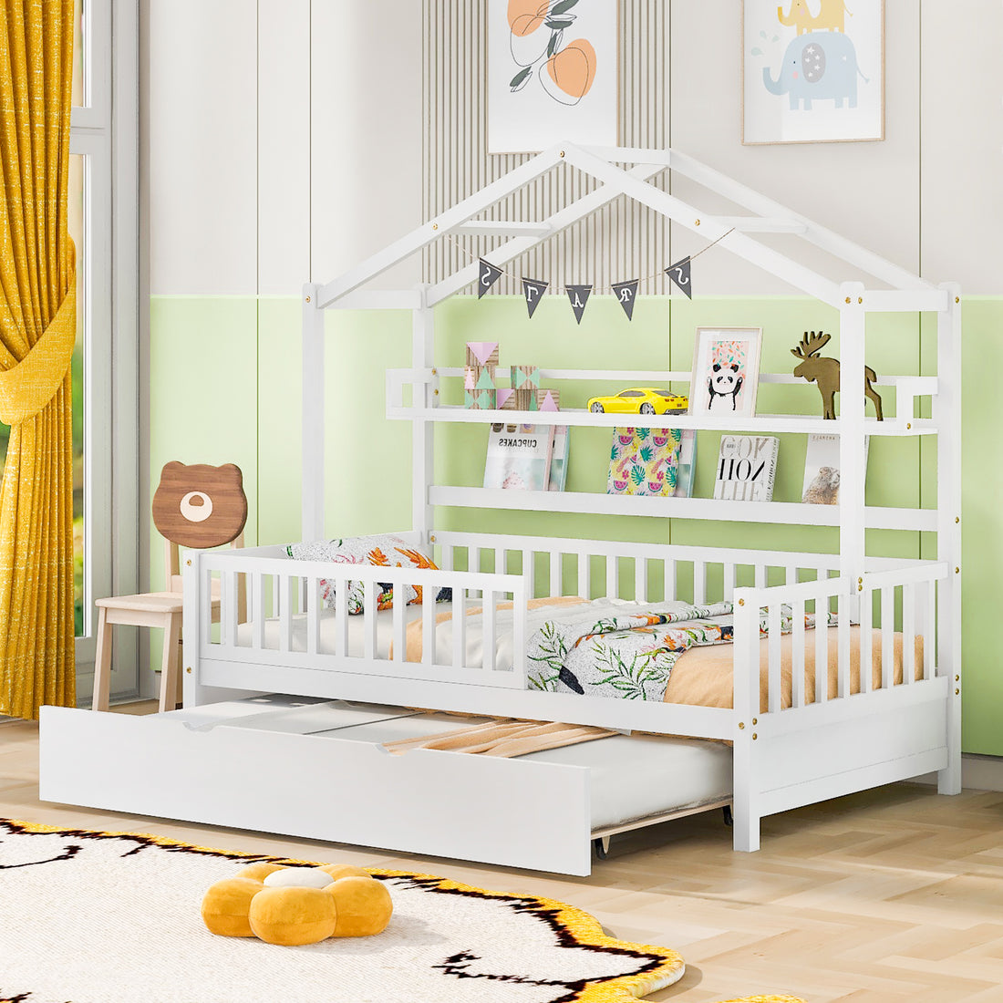 Wooden Twin Size House Bed With Trundle,Kids Bed With Shelf, White White Solid Wood