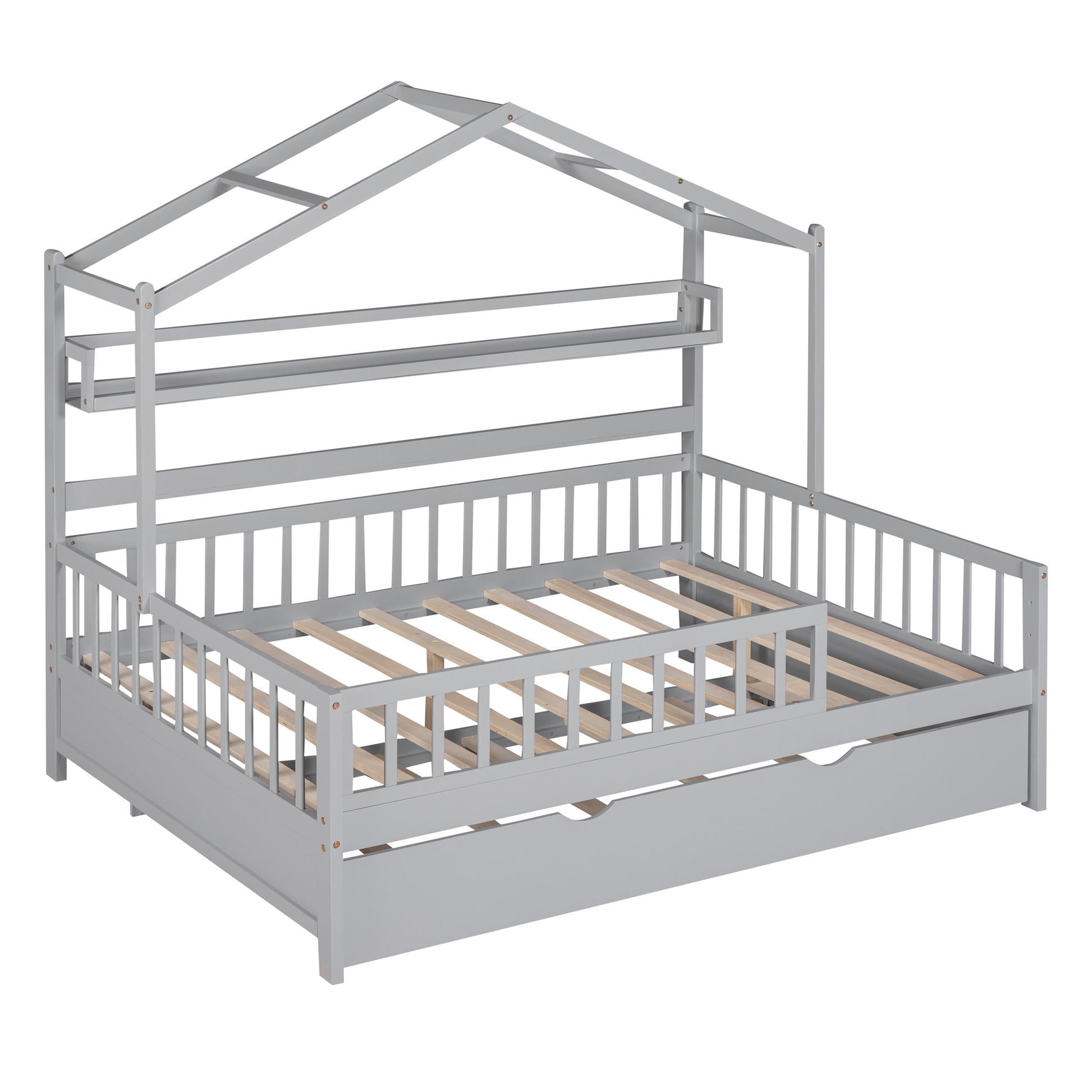 Wooden Full Size House Bed With Twin Size Trundle,Kids Bed With Shelf, Gray Gray Solid Wood