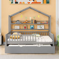 Wooden Full Size House Bed With Twin Size Trundle,Kids Bed With Shelf, Gray Gray Solid Wood