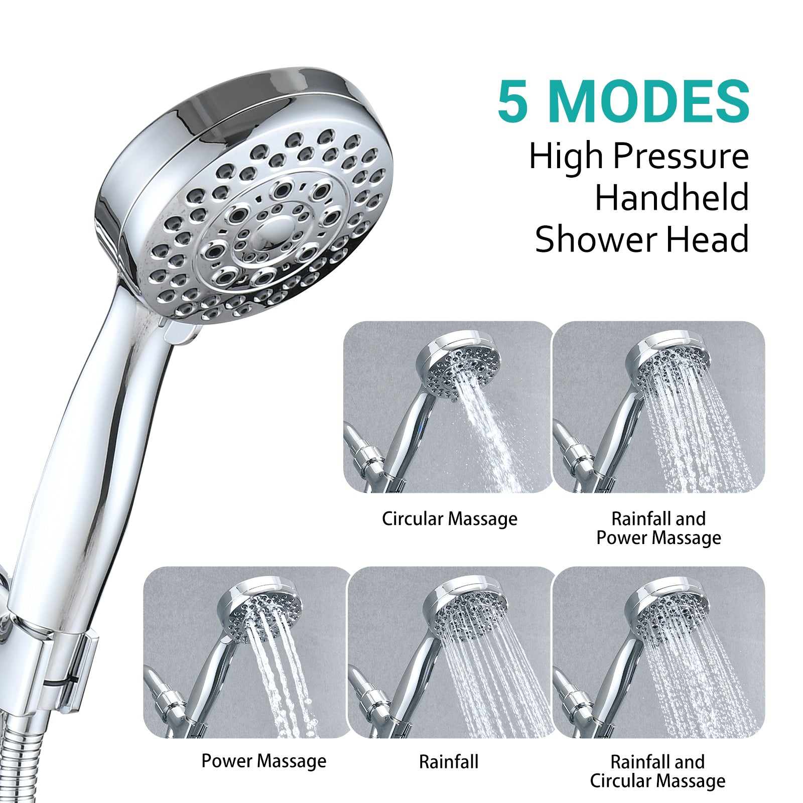 5 Mode Adjustable Settings Handheld Shower Head With Hose High Pressure Shower Heads Chrome Abs