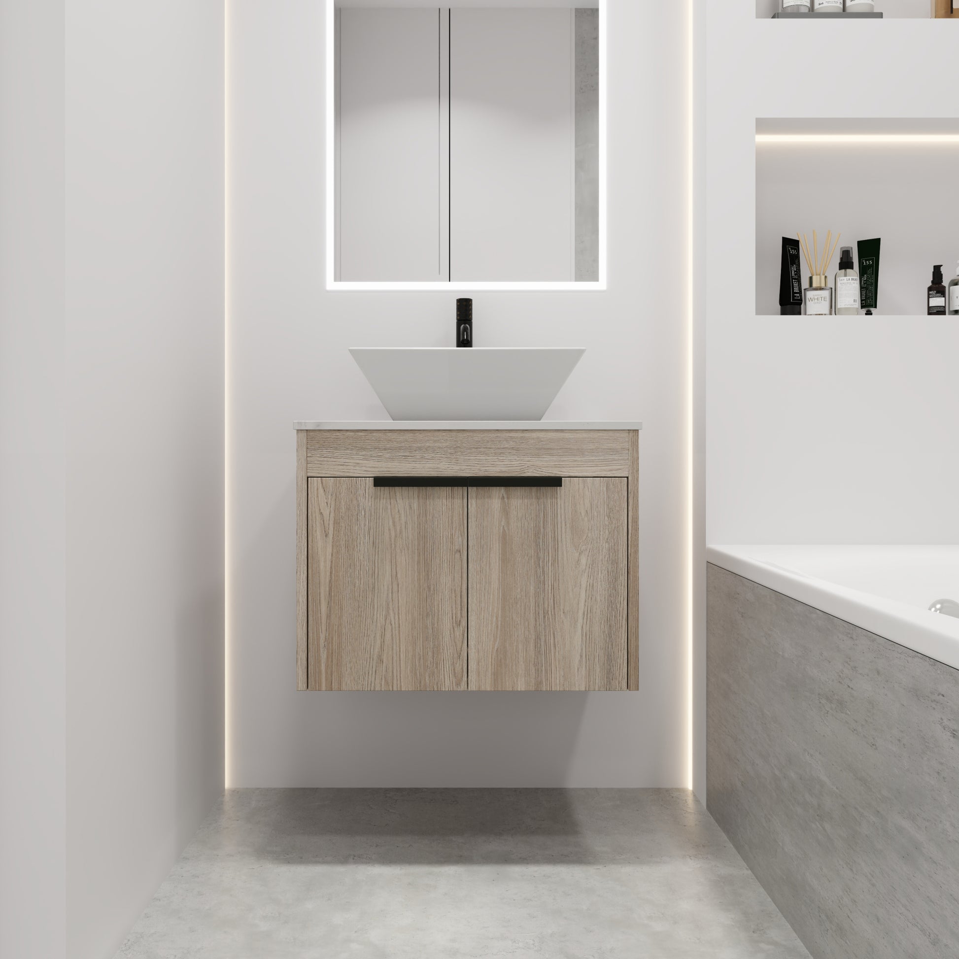 24 " Modern Design Float Bathroom Vanity With Ceramic Basin Set, Wall Mounted White Oak Vanity With Soft Close Door,Kd Packing,Kd Packing,2 Pieces Parcel Top Bab101Mowh White Oak Plywood