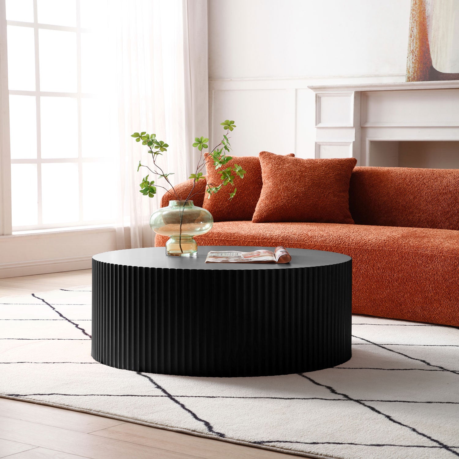 Sleek And Modern Round Coffee Table With Eye Catching Relief Design, Black Matt Black Mdf