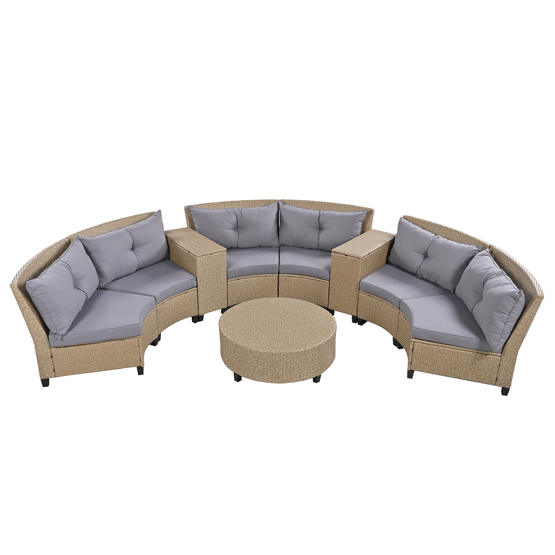 6 Person Fan Shaped Rattan Suit Combination With Cushions And Table,Suitable For Garden Gray Hdpe