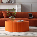 Stylish Round Mdf Coffee Table With Handcraft Relief Design 35.43Inch, Bright Orange Orange Mdf