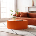 Stylish Round Mdf Coffee Table With Handcraft Relief Design 35.43Inch, Bright Orange Orange Mdf