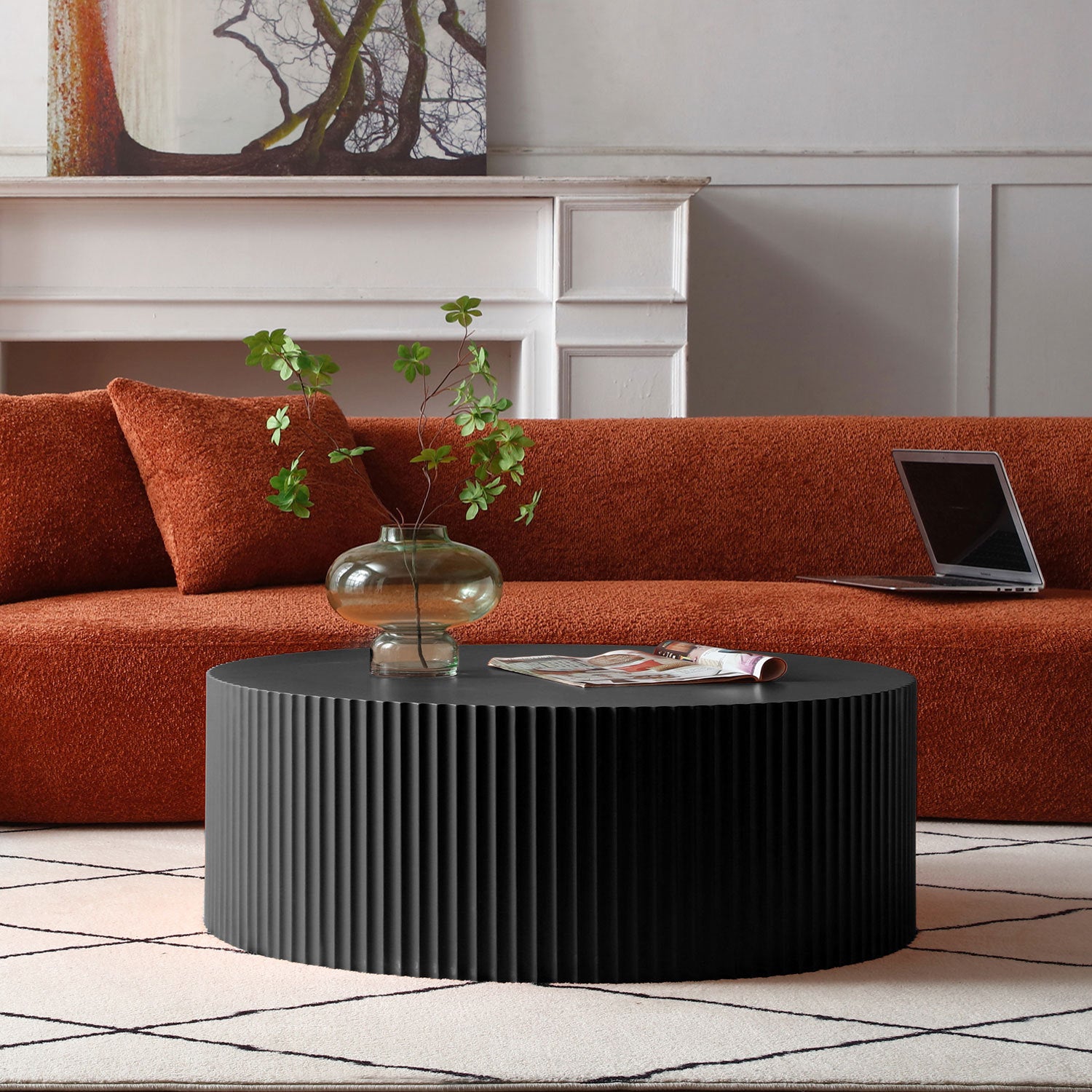 Sleek And Modern Round Coffee Table With Eye Catching Relief Design, Black Matt Black Mdf