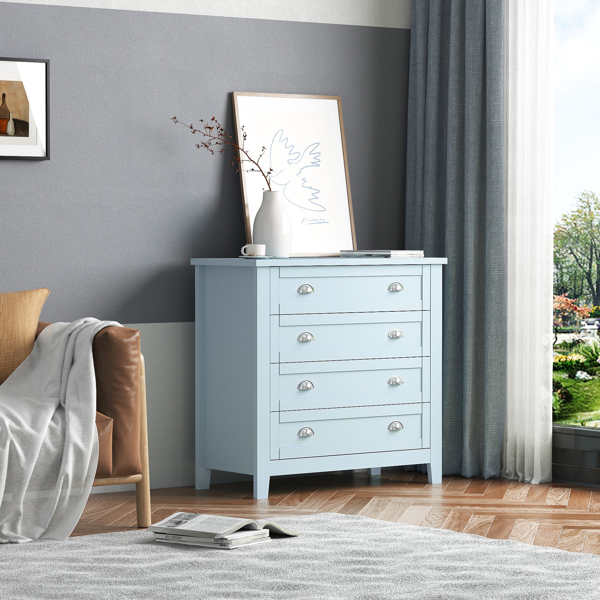 Drawer Dresserbar Cabinet Side Cabinet,Buffet Sideboard,Buffet Service Counter,Solid Wood Frame,Plasticdoor Panel,Retro Shell Handle,Applicable To Dining Room,Living Room,Kitchen Corridor,Grayish Blue 3 4 Drawers Grayish Blue Primary Living Space Solid