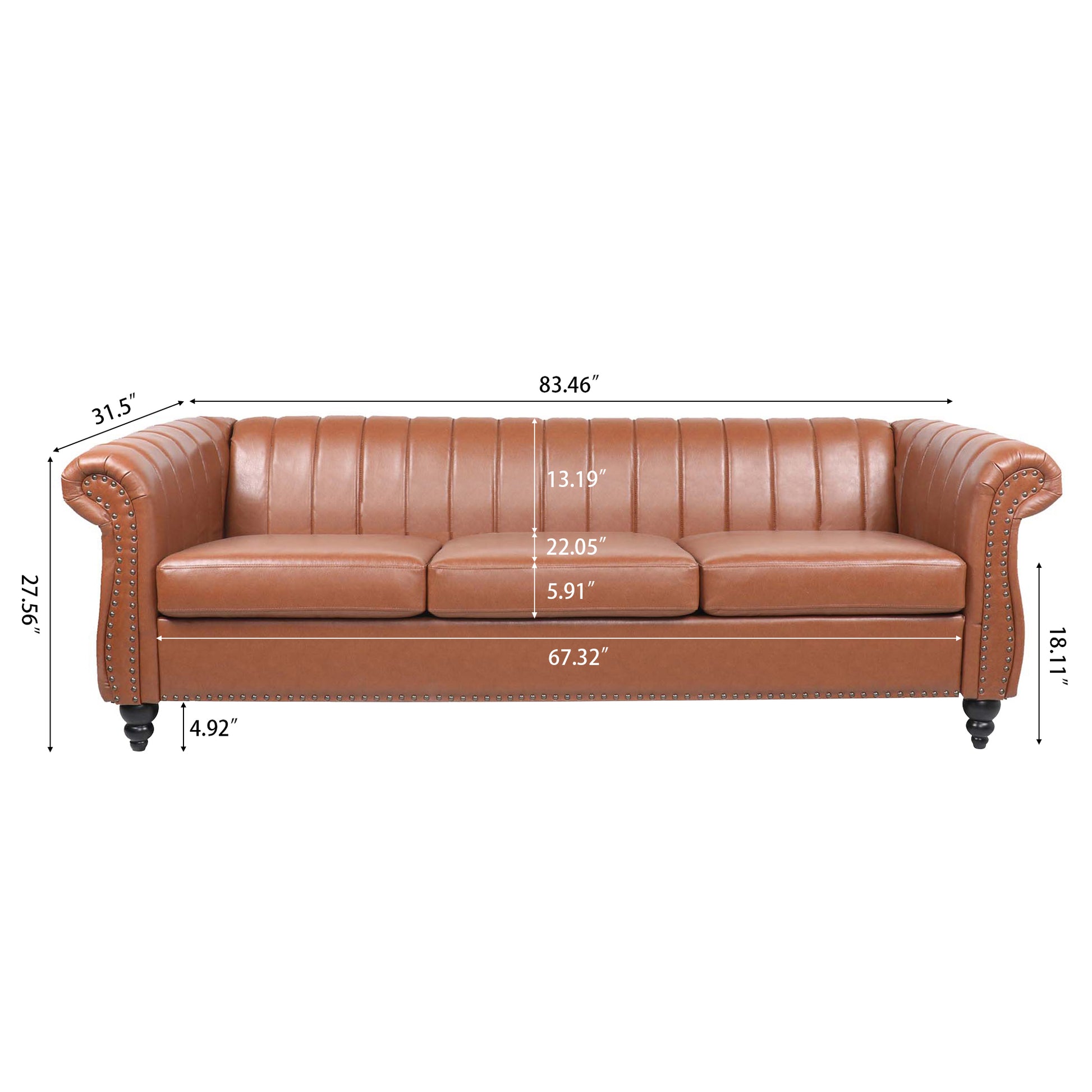 83.46" Brown Pu Rolled Arm Chesterfield Three Seater Sofa. Brown Pu
