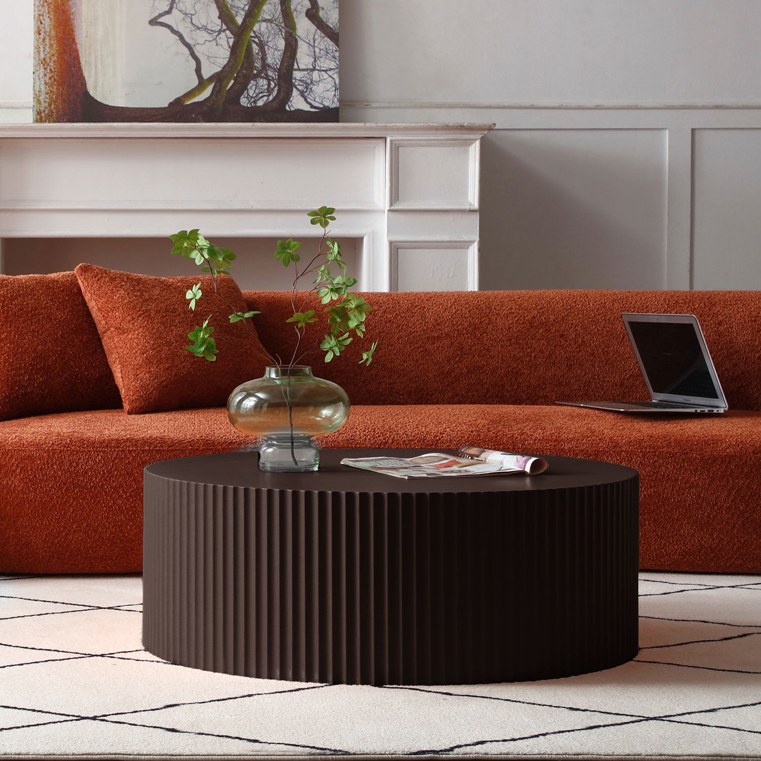 Artisanal Round Mdf Coffee Table With Handcrafted Relief And Stunning Painting Finish, Brown Brown Primary Living Space Modern Mdf