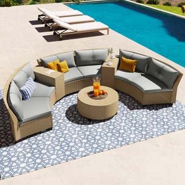 6 Person Fan Shaped Rattan Suit Combination With Cushions And Table,Suitable For Garden Gray Hdpe