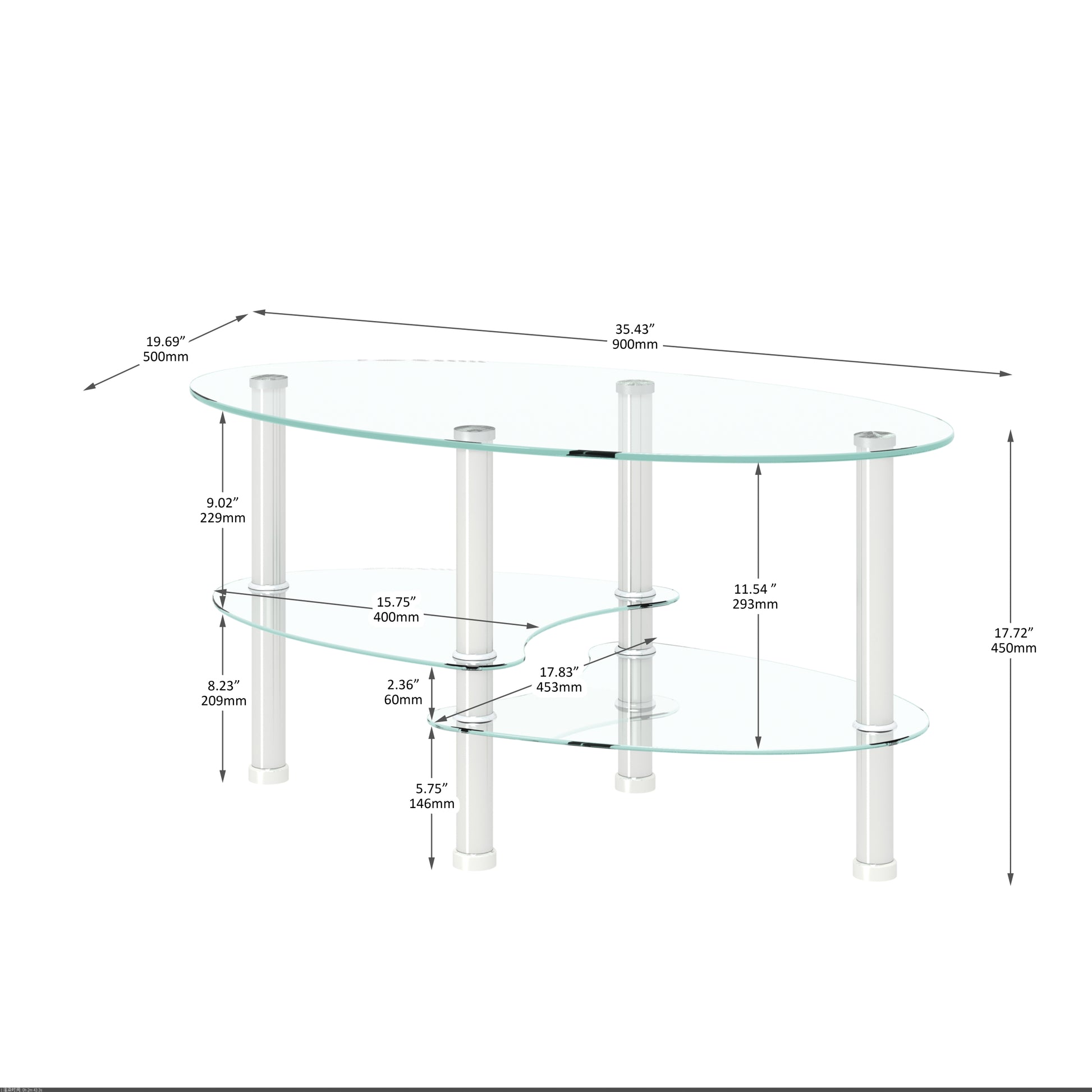 Transparent Oval Glass Coffee Table, Modern Table With Stainless Steel Leg, Tea Table 3 Layer Glass Table For Living Room Transparent Glass