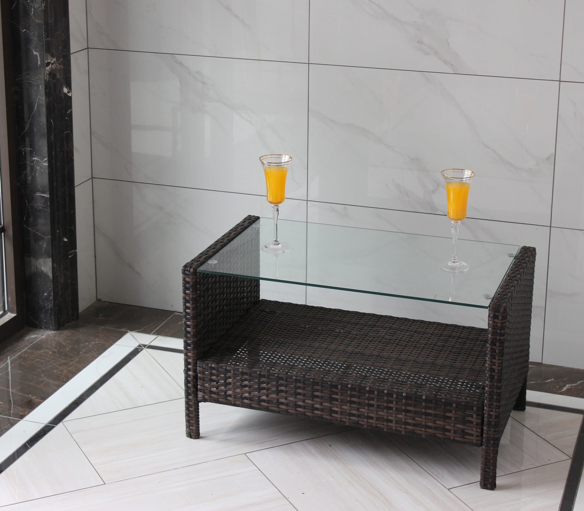 Outdoor Patio Furniture Coffee Table With Clear Tempered Glass Brown Iron