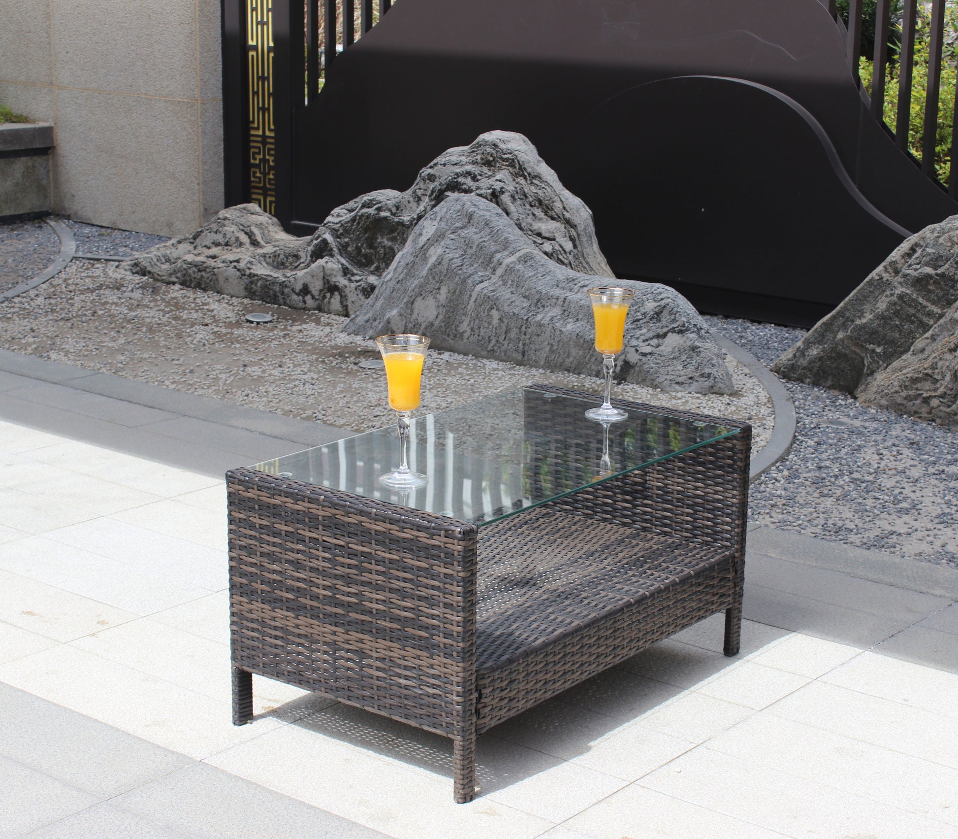 Outdoor Patio Furniture Coffee Table With Clear Tempered Glass Brown Iron