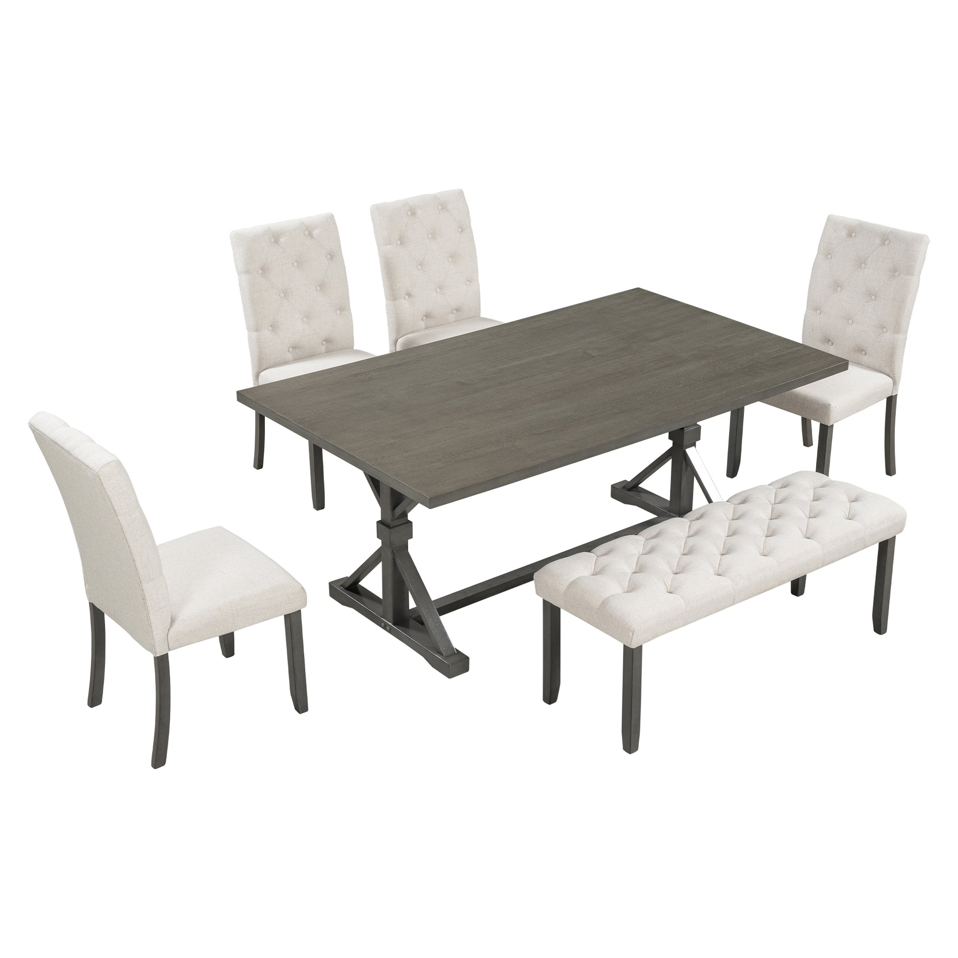 6 Piece Farmhouse Dining Table Set 72" Wood Rectangular Table, 4 Upholstered Chairs With Bench Gray Gray Solid Wood