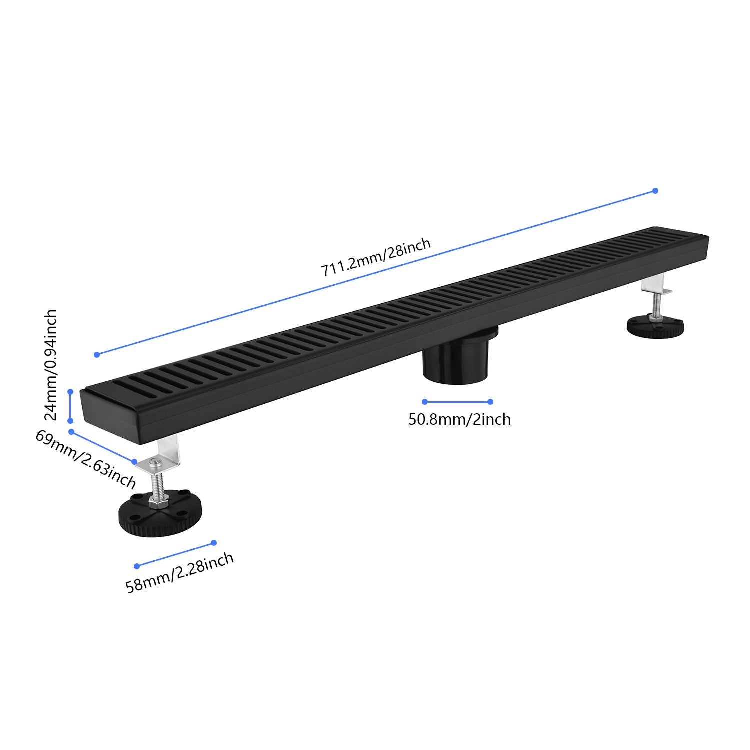 28 Inch Shower Linear Drain, With Removable Capsule Pattern Grate, Stainless Steel Fast Drainage Floor Linear Drain Black Include Adjustable Feet, Hair Strainer Matt Black Stainless Steel