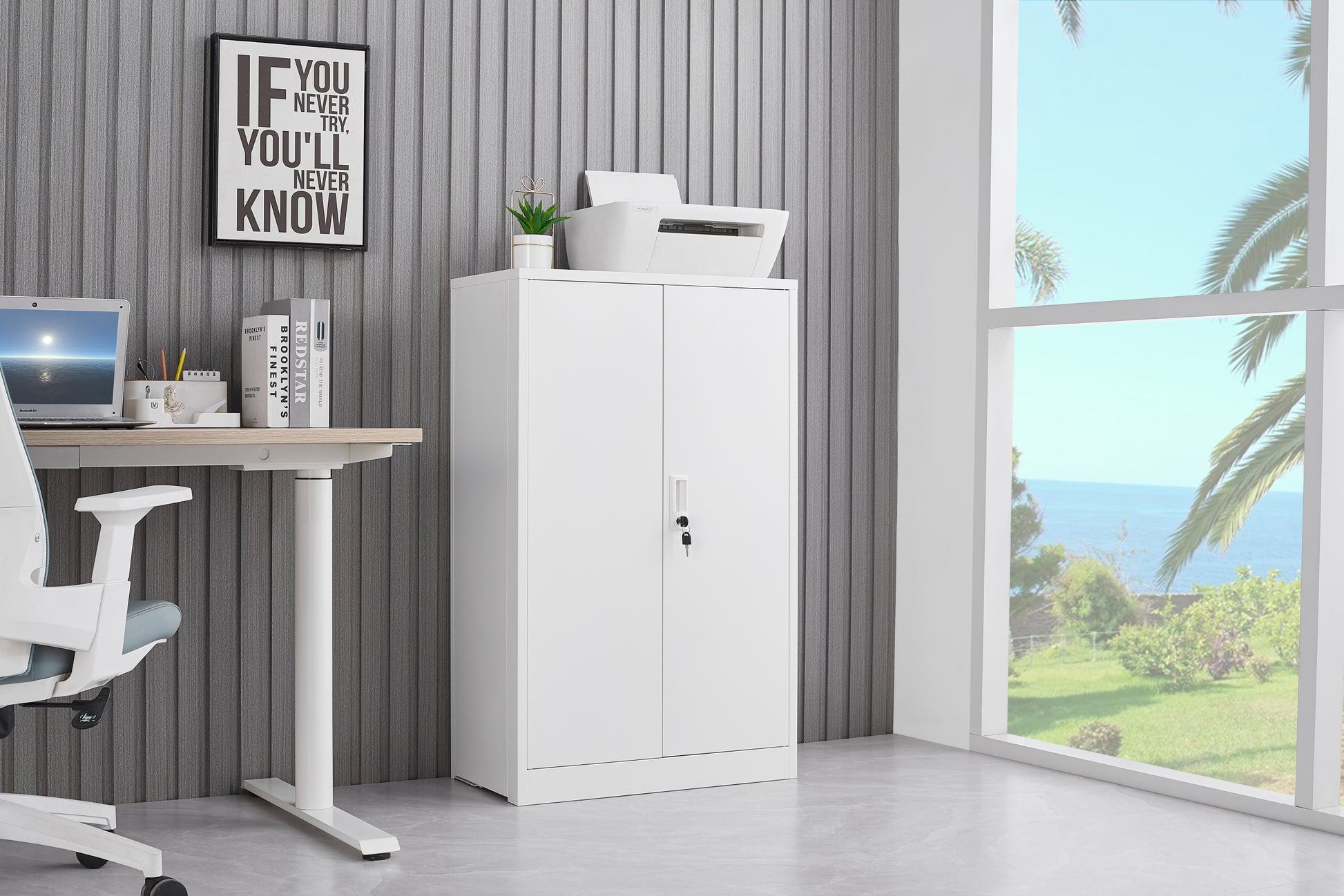 Metal Storage Cabinet With Locking Doors And Adjustable Shelf, Folding Filing Storage Cabinetfolding Storage Locker Cabinet For Home Office,School,Garage, White White Steel