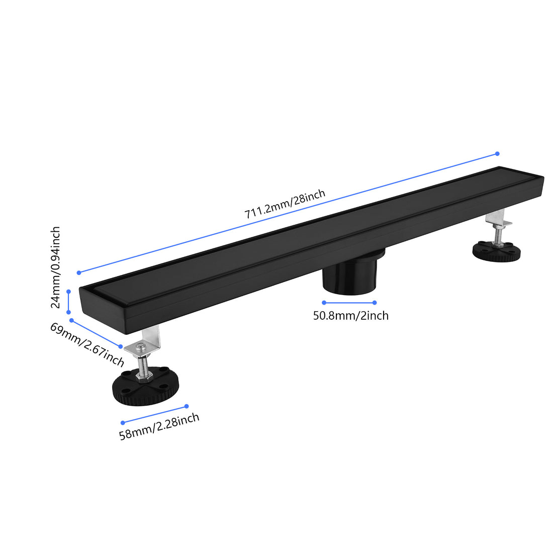 28 Inches Linear Shower Drain With Removable Cover, 304 Stainless Shower Drain Included Hair Strainer And Leveling Feet Matte Black Stainless Steel