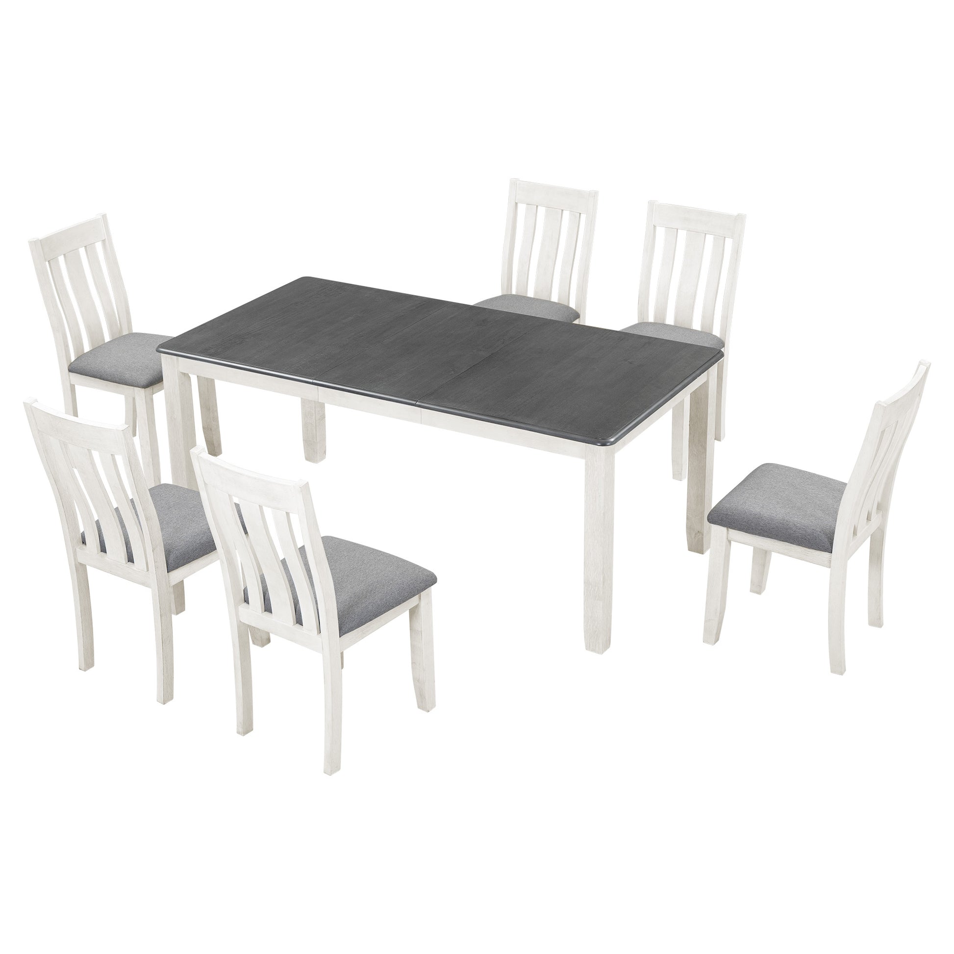 Retro Style 7 Piece Dining Table Set With Extendable Table And 6 Upholstered Chairs Gray White White Gray Solid Wood