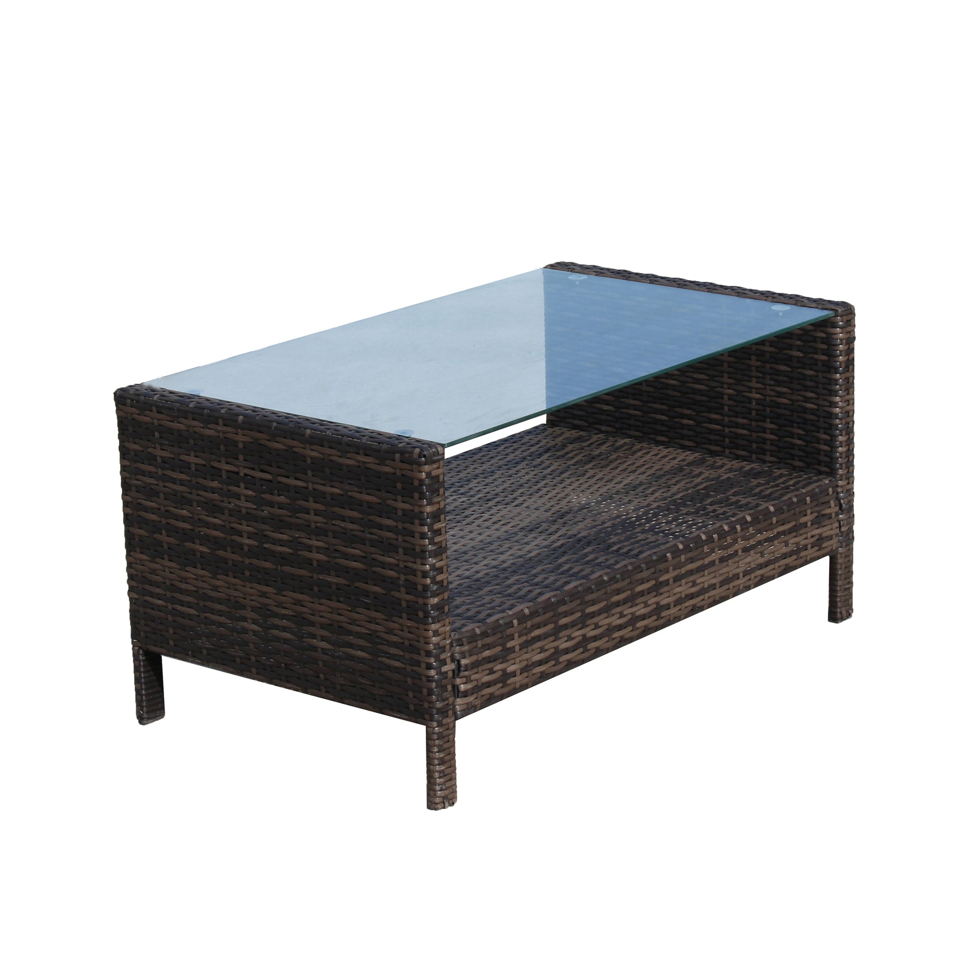 Outdoor Patio Furniture Coffee Table With Clear Tempered Glass Brown Iron
