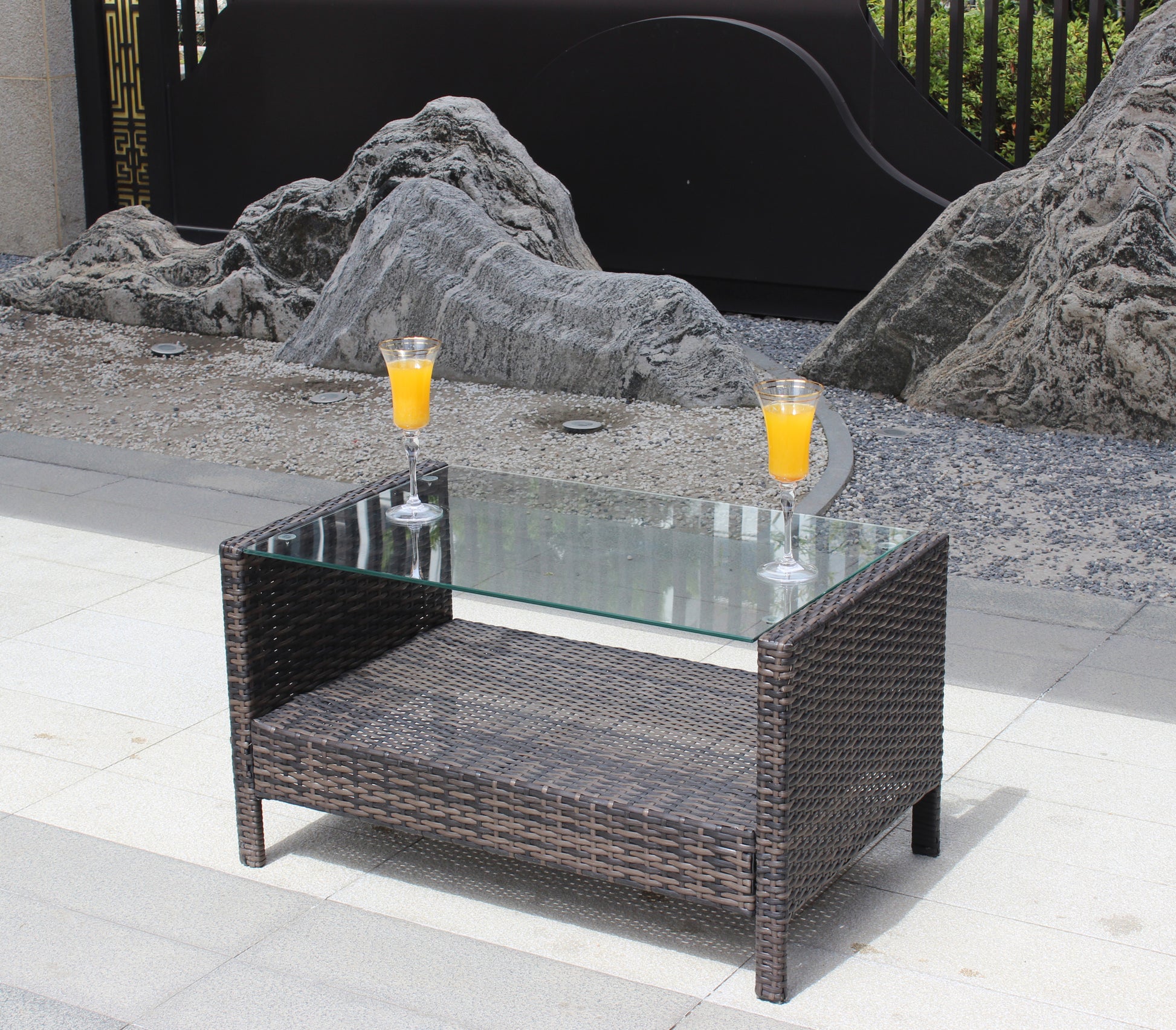 Outdoor Patio Furniture Coffee Table With Clear Tempered Glass Brown Iron