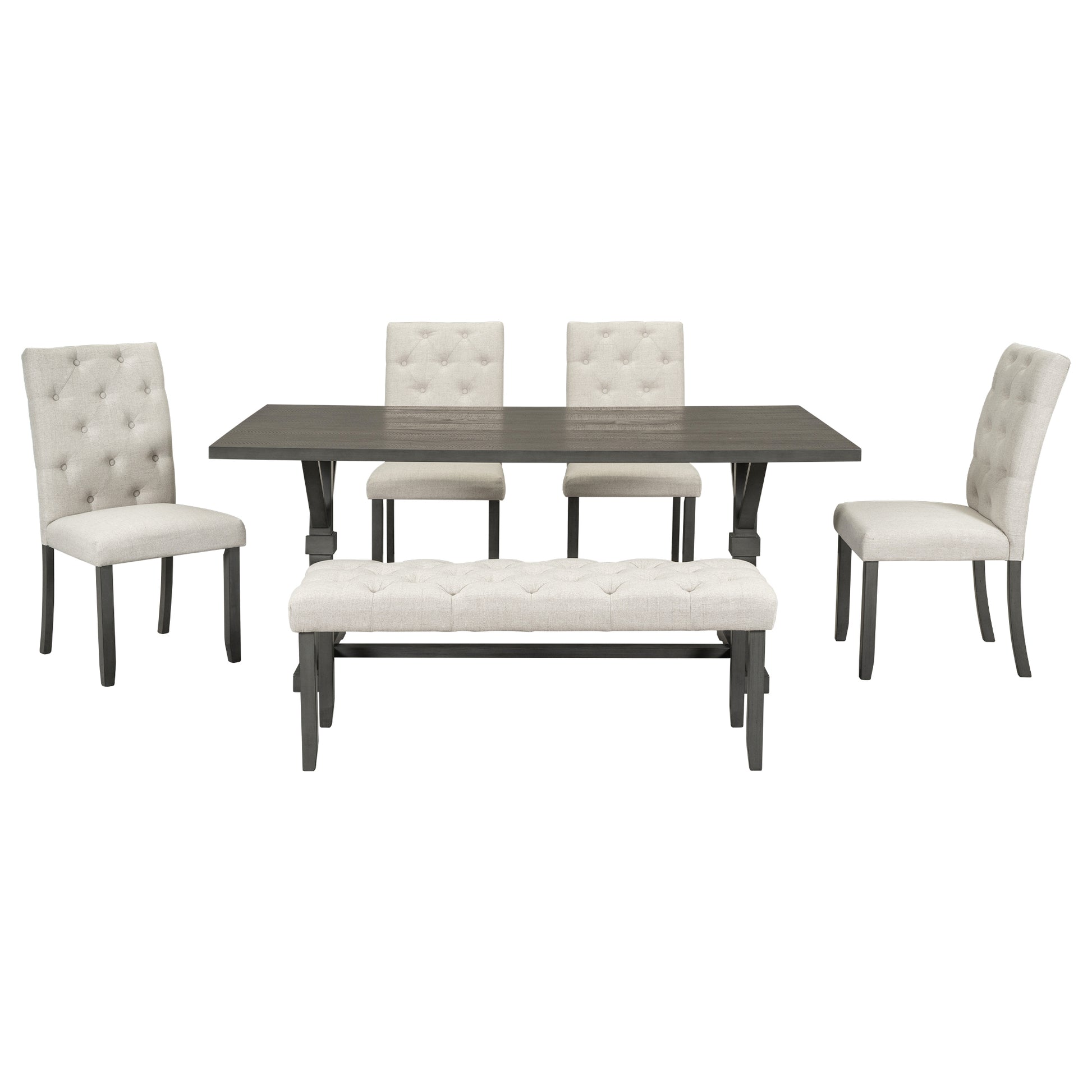 6 Piece Farmhouse Dining Table Set 72" Wood Rectangular Table, 4 Upholstered Chairs With Bench Gray Gray Solid Wood