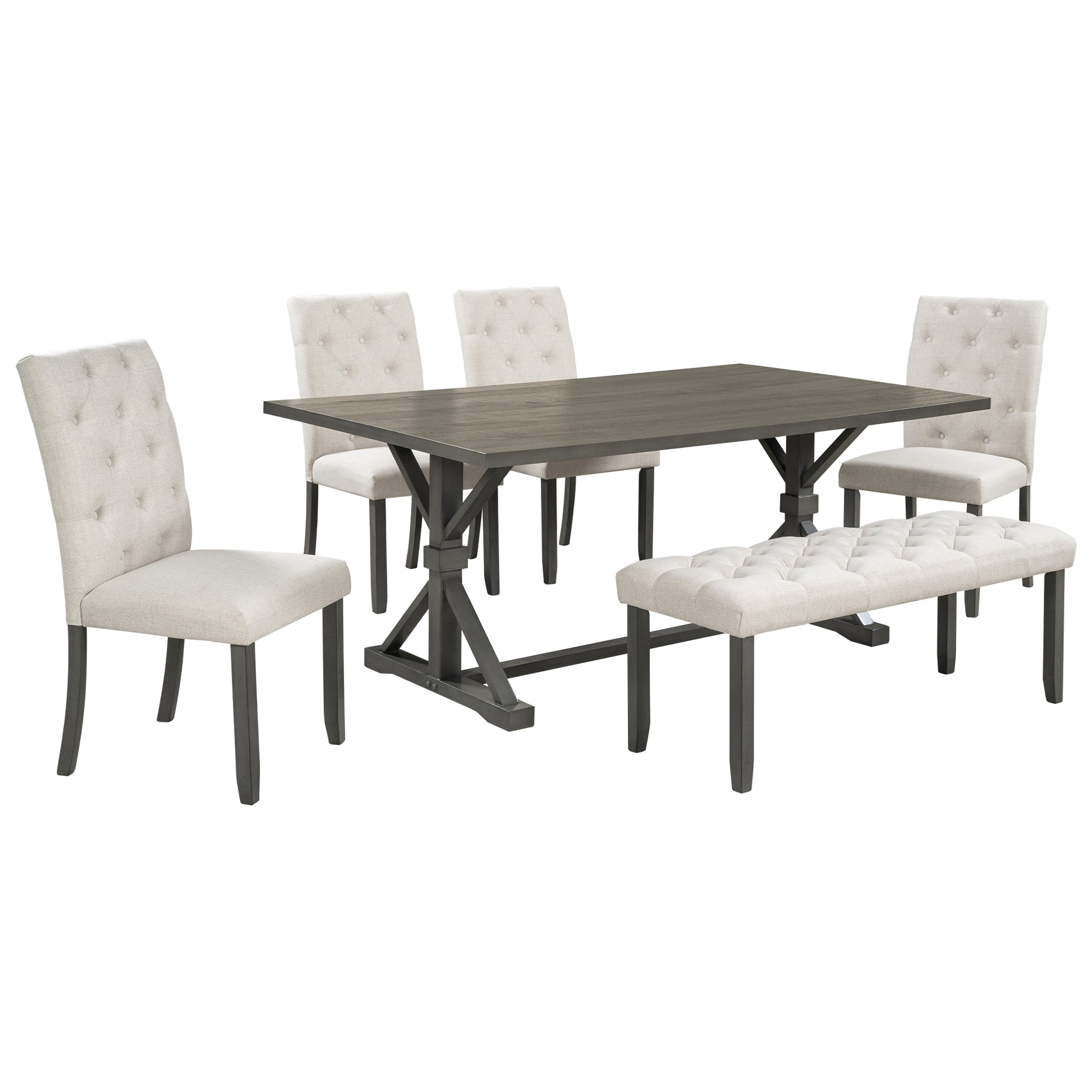 6 Piece Farmhouse Dining Table Set 72" Wood Rectangular Table, 4 Upholstered Chairs With Bench Gray Gray Solid Wood