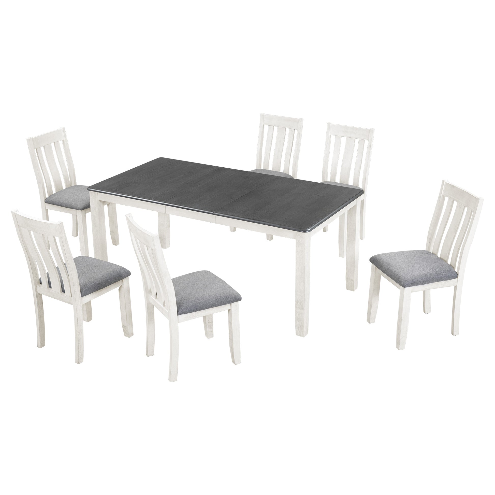 Retro Style 7 Piece Dining Table Set With Extendable Table And 6 Upholstered Chairs Gray White White Gray Solid Wood