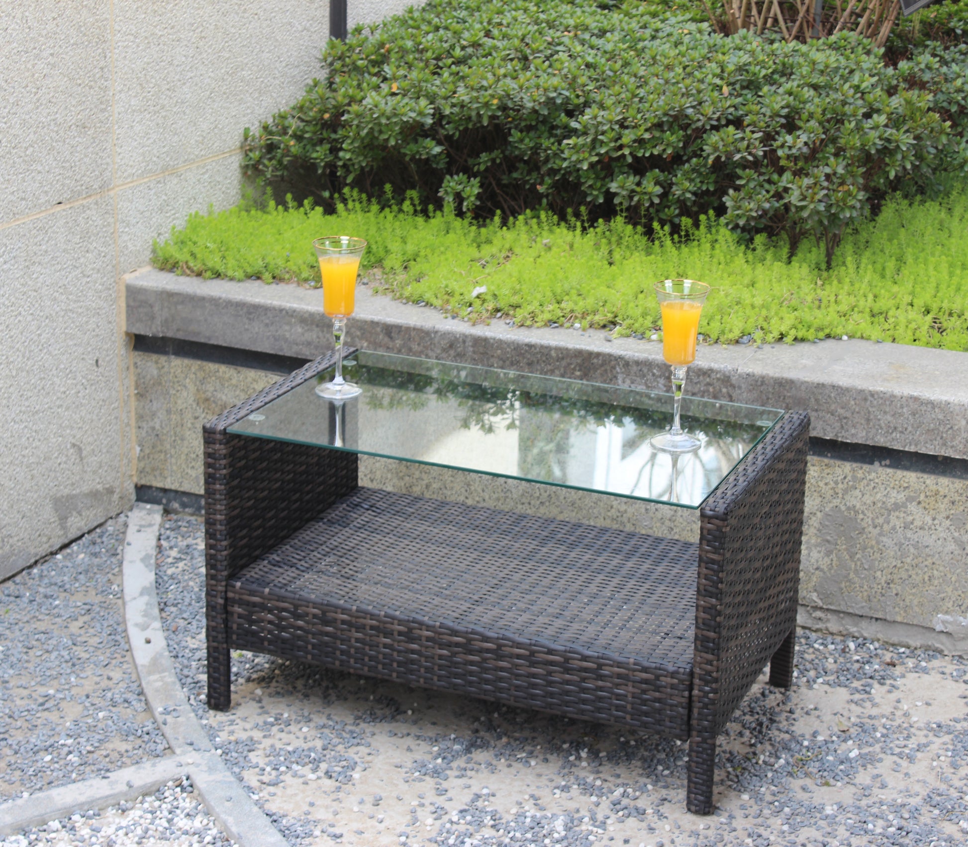 Outdoor Patio Furniture Coffee Table With Clear Tempered Glass Brown Iron