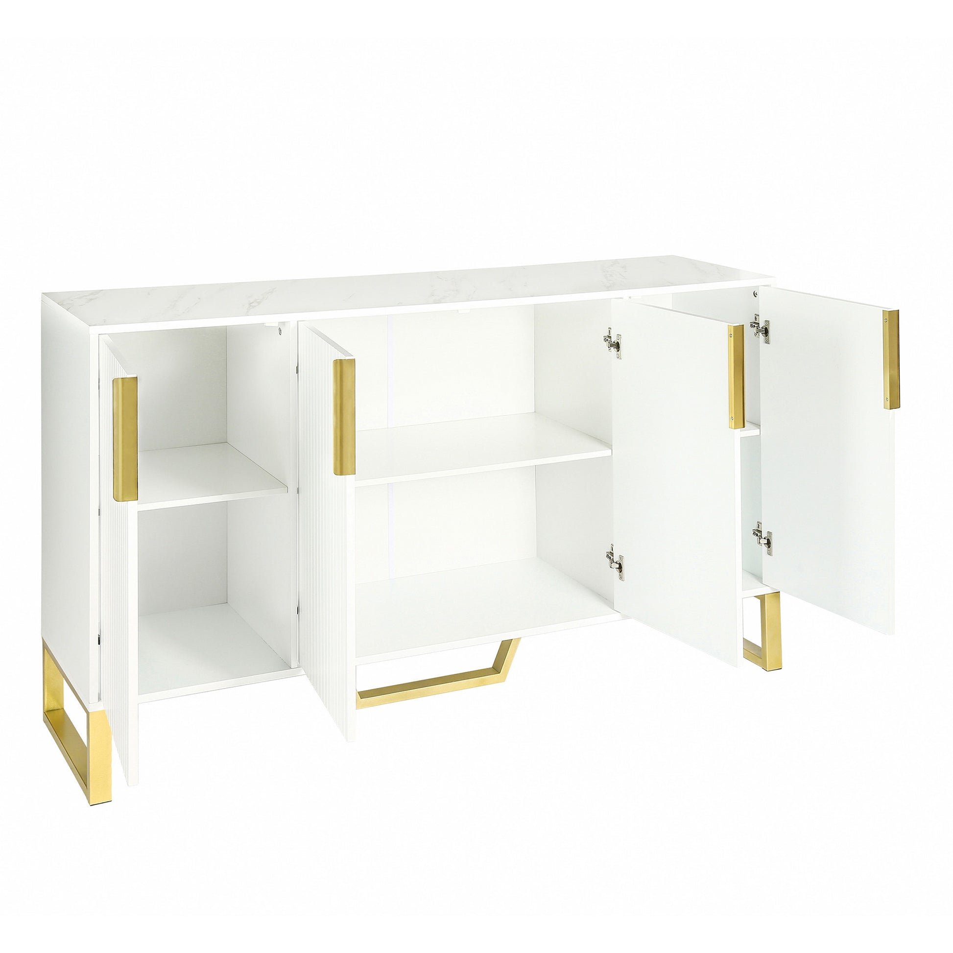 Modern Sideboard With Four Doors, Metal Handles & Legs And Adjustable Shelves Kitchen Cabinet White White Particle Board