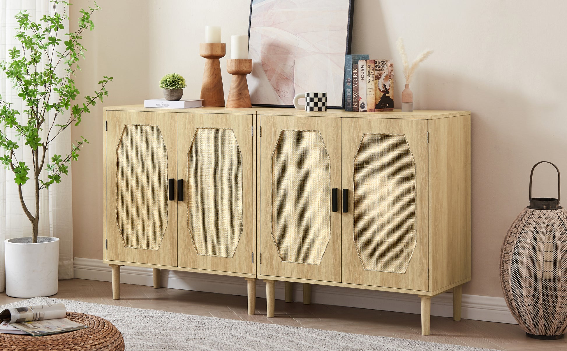 Kitchen Storage Cabinets With Rattan Decorative Doors, Buffets, Wine Cabinets, Dining Rooms, Hallways, Cabinet Console Tables, Natural, 31.5''W X 15.8''D X 34.6"H. Natural Particle Board