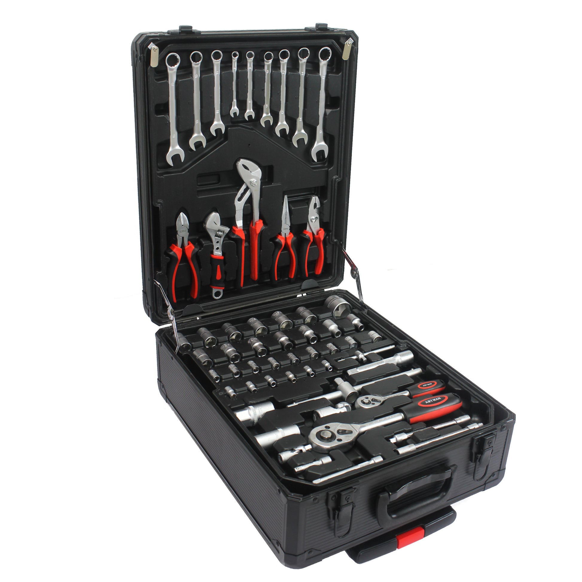 Black Hand Tool Box with 4 Layers of Toolset and black-plastic