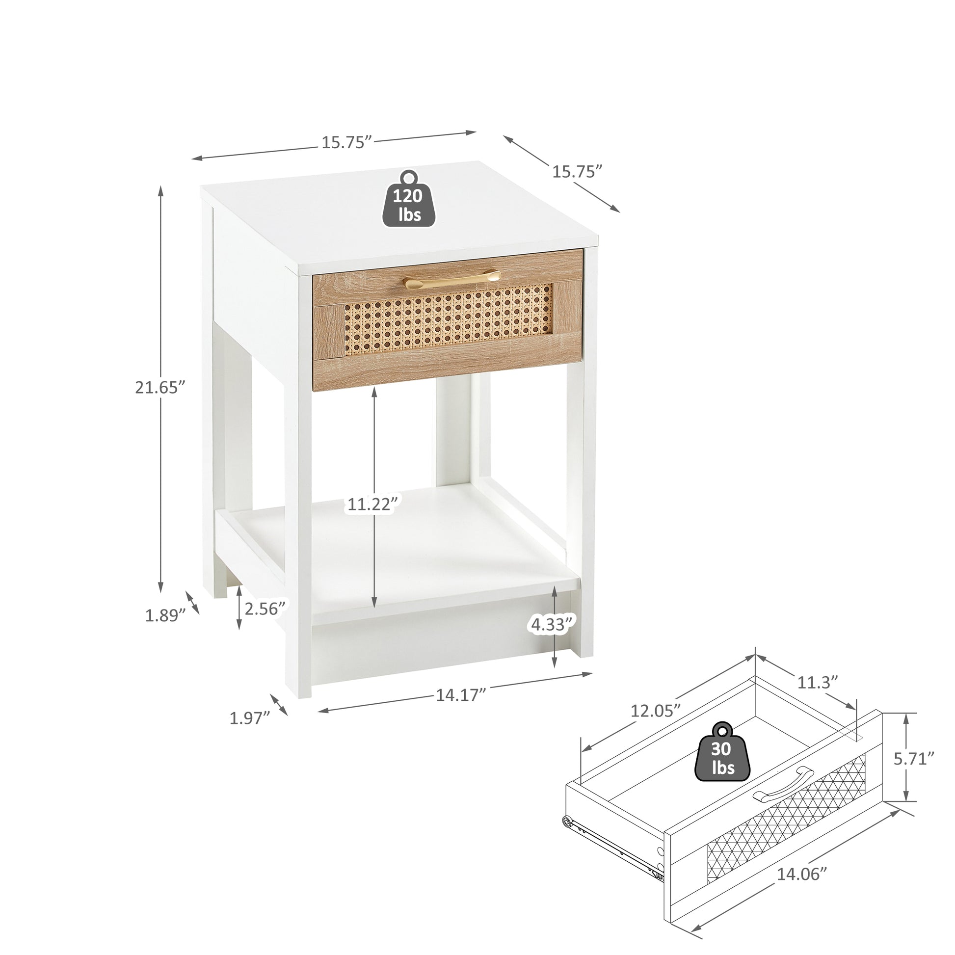 15.75" Rattan End Table With Drawer, Modern Nightstand, Side Table For Living Room, Bedroom,White White Mdf