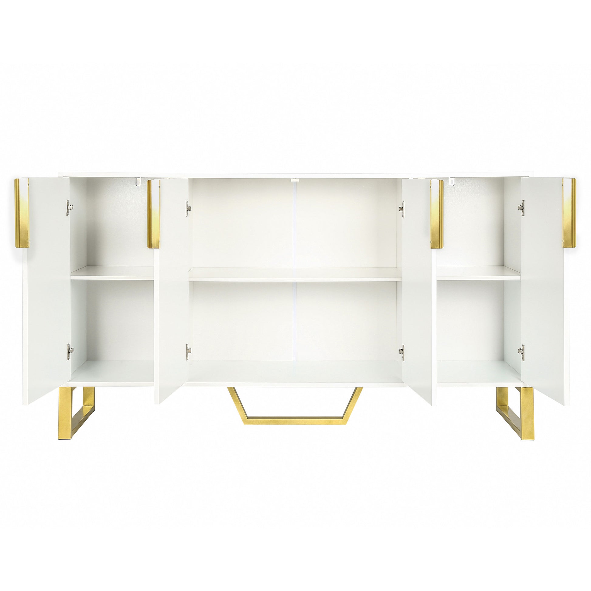 Modern Sideboard With Four Doors, Metal Handles & Legs And Adjustable Shelves Kitchen Cabinet White White Particle Board