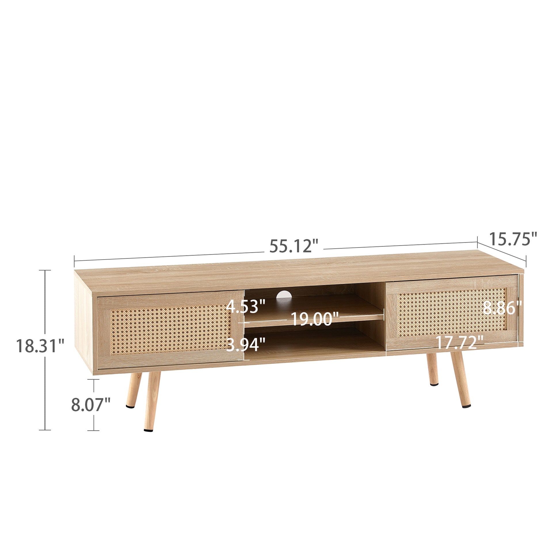 55.12" Rattan Tv Cabinet, Double Sliding Doors For Storage, Adjustable Shelf, Solid Wood Legs, Tv Console For Living Room ,Natural Natural Solid Wood Mdf