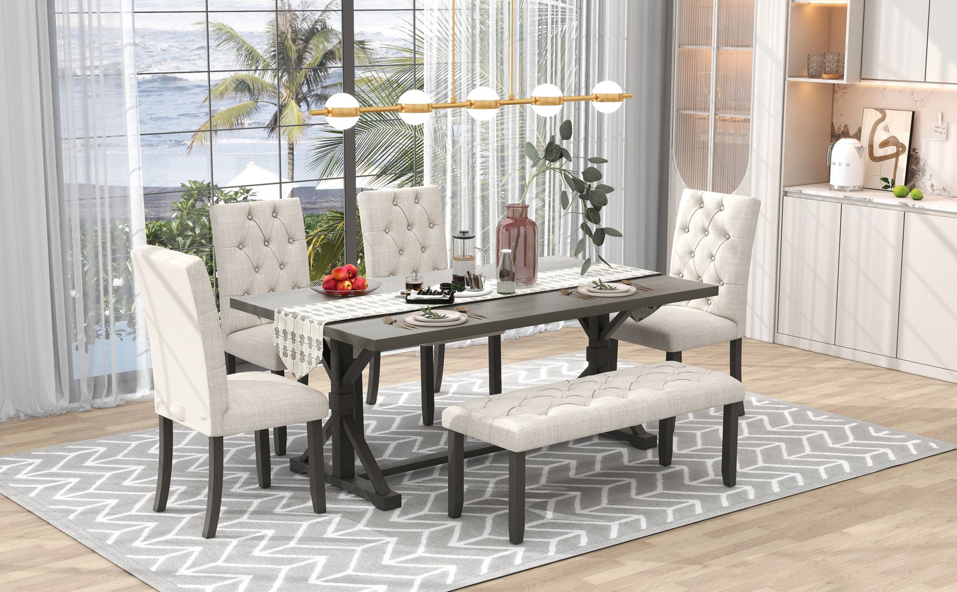 6 Piece Farmhouse Dining Table Set 72" Wood Rectangular Table, 4 Upholstered Chairs With Bench Gray Gray Solid Wood