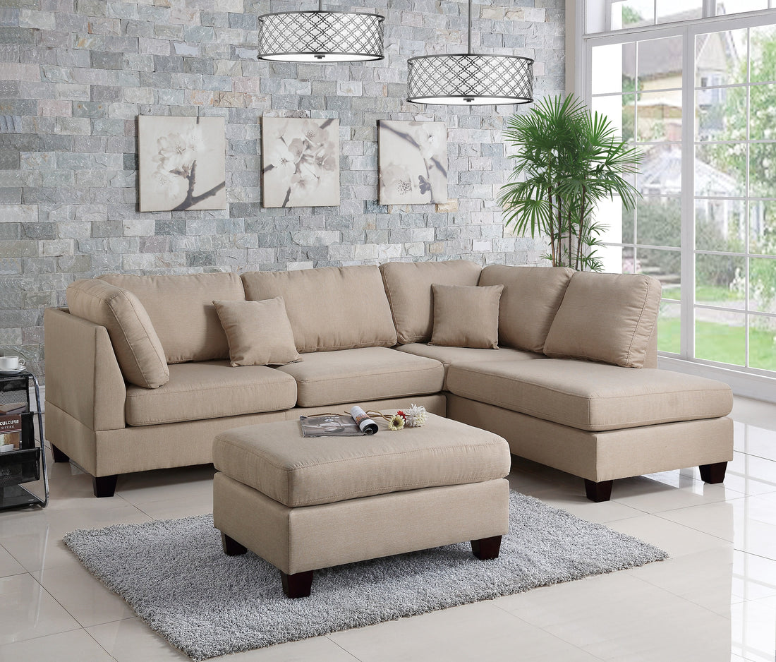 Sand Color 3Pcs Sectional Living Room Furniture Reversible Chaise Sofa And Ottoman Polyfiber Linen Like Fabric Cushion Couch Desert Sand Wood Primary Living Space Cushion Back Contemporary,Modern L Shaped Pillow Top Arms Plywood 5 Seat