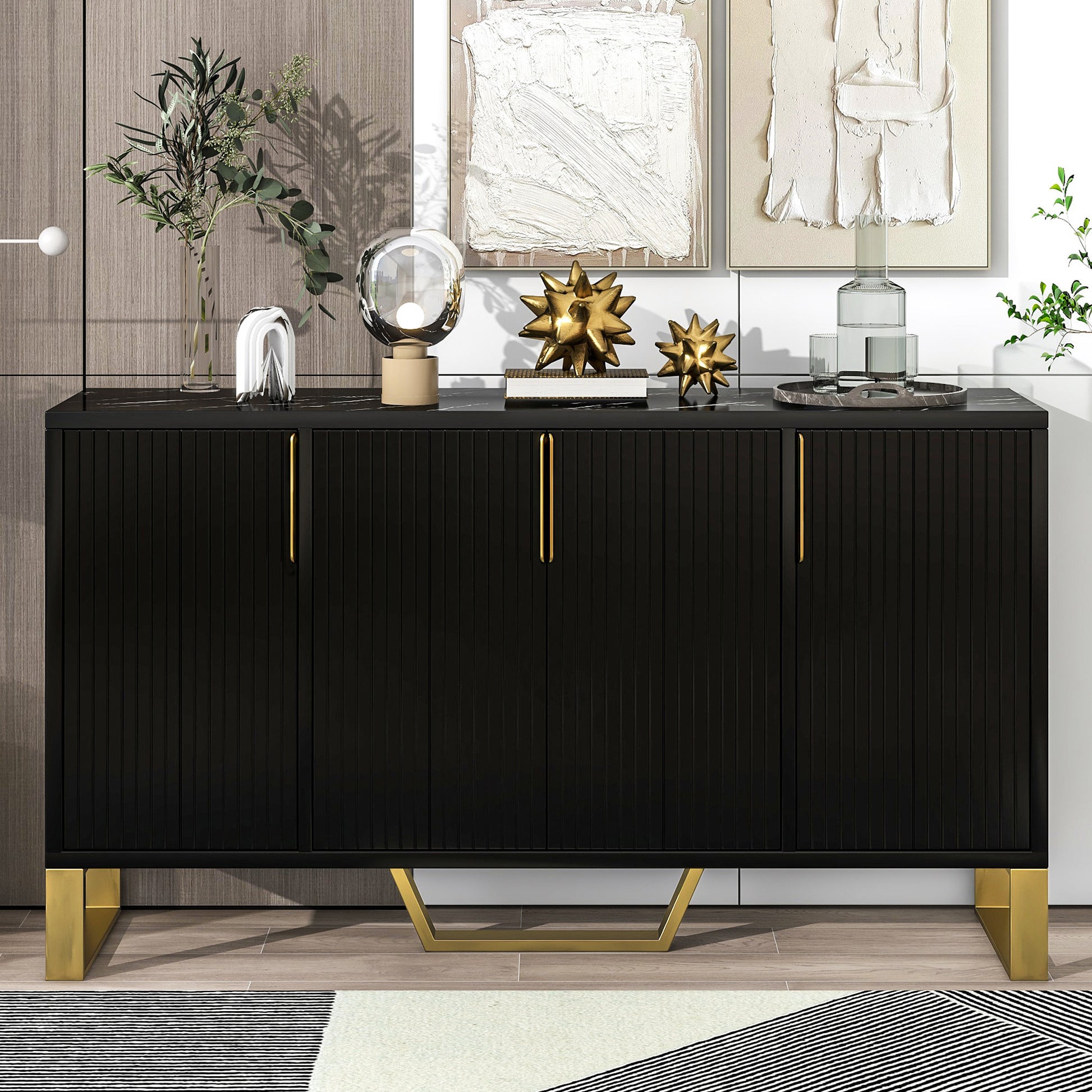 Modern Sideboard With Four Doors, Metal Handles & Legs And Adjustable Shelves Kitchen Cabinet Black Black Particle Board