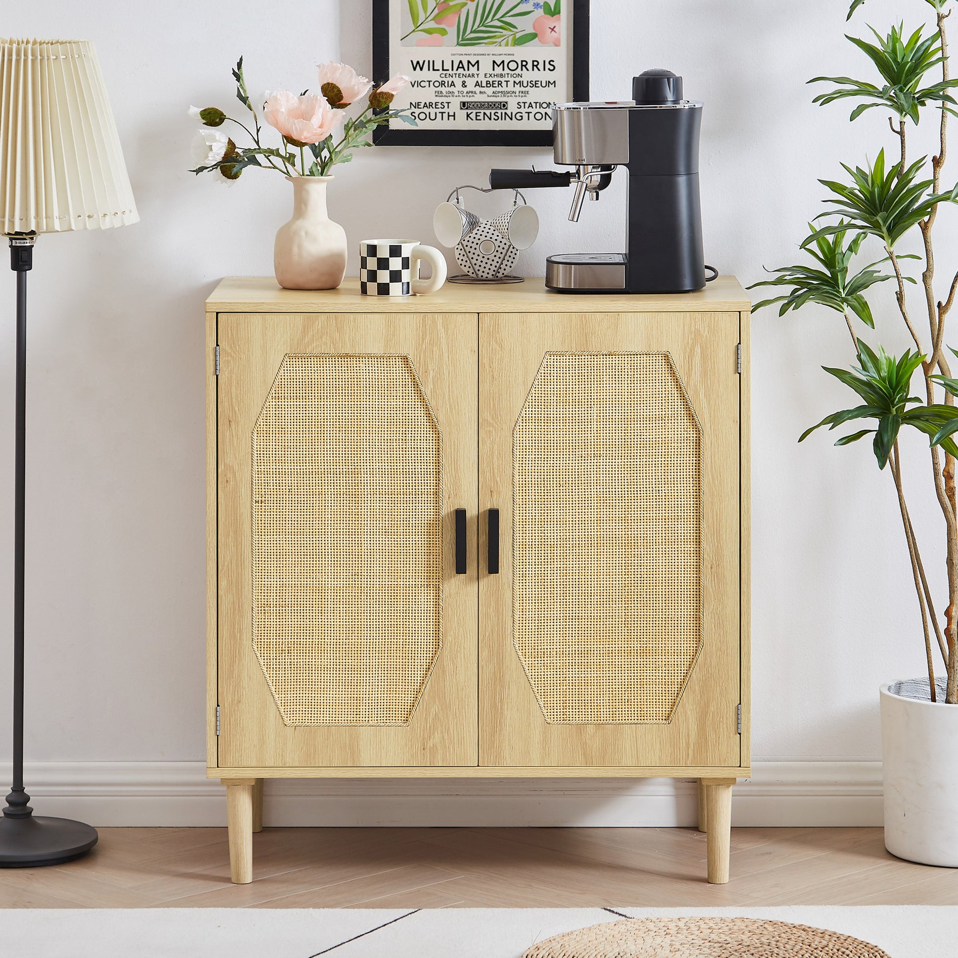 Kitchen Storage Cabinets With Rattan Decorative Doors, Buffets, Wine Cabinets, Dining Rooms, Hallways, Cabinet Console Tables, Natural, 31.5''W X 15.8''D X 34.6"H. Natural Particle Board