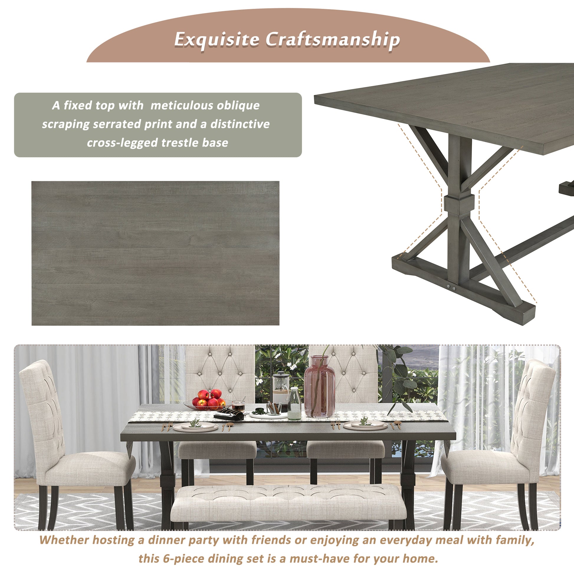 6 Piece Farmhouse Dining Table Set 72" Wood Rectangular Table, 4 Upholstered Chairs With Bench Gray Gray Solid Wood