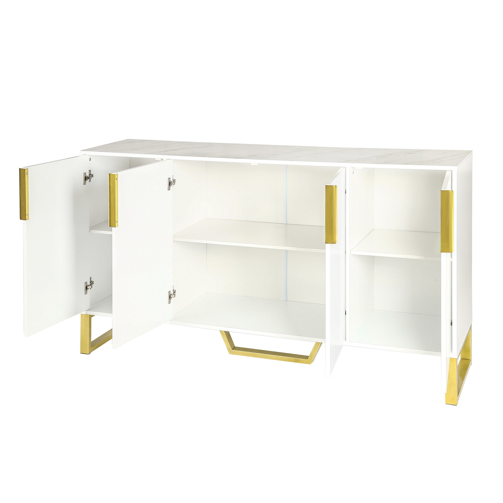 Modern Sideboard With Four Doors, Metal Handles & Legs And Adjustable Shelves Kitchen Cabinet White White Particle Board