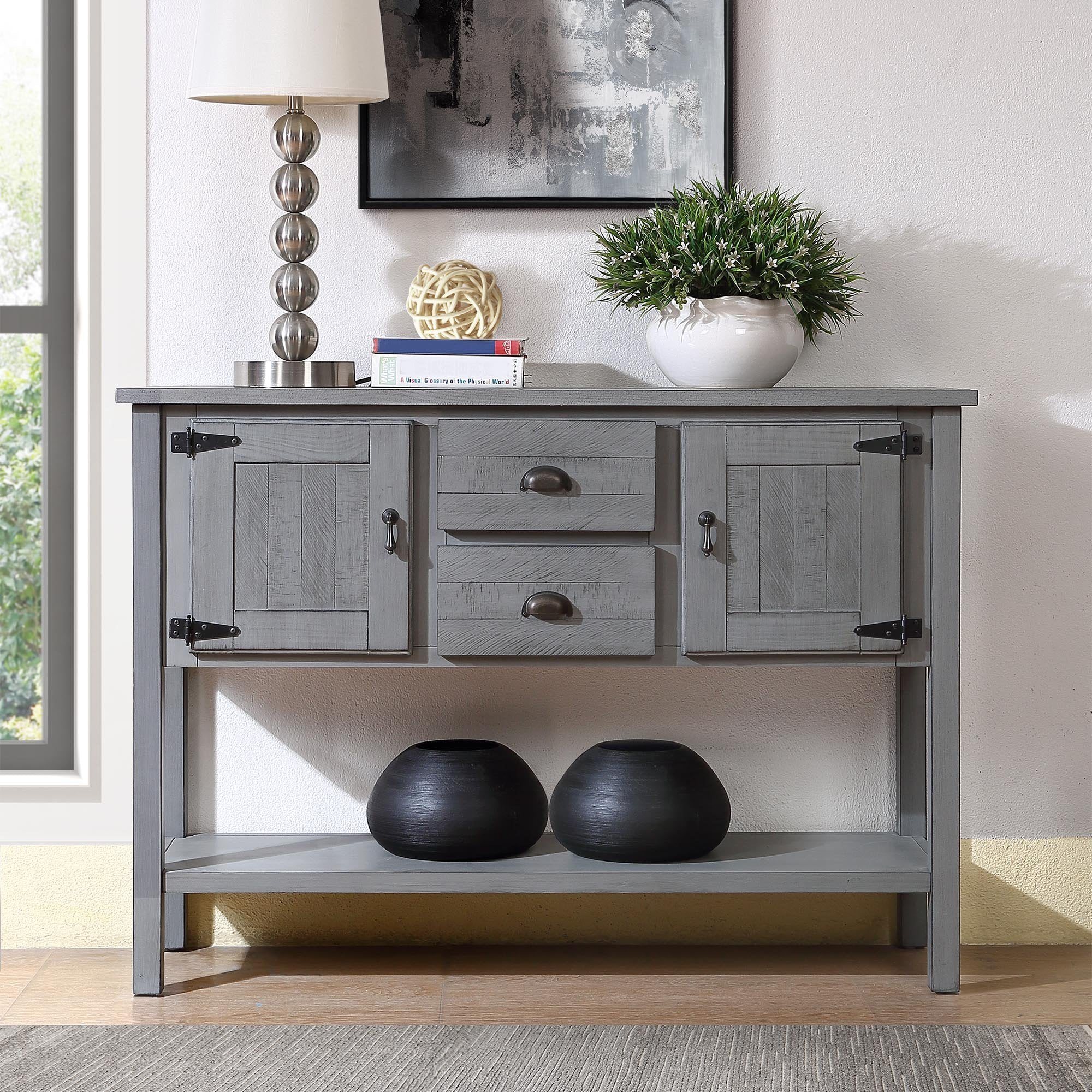 48'' Solid Wood Sideboard Console Table With 2 Drawers And Cabinets And Bottom Shelf, Retro Style Storage Dining Buffet Server Cabinet For Living Room Kitchen Dining Room Antique Gray Antique Gray Pine