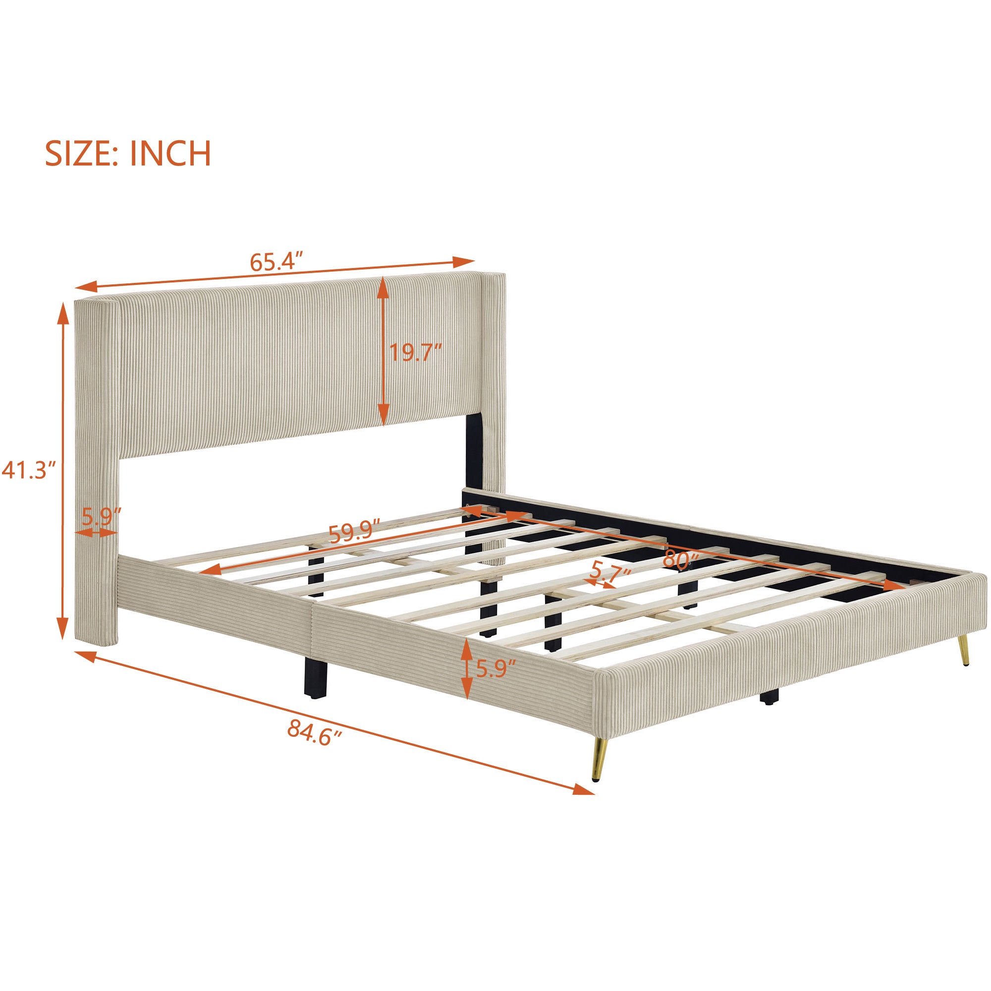 Queen Size Corduroy Platform Bed with Metal Legs, beige-corduroy