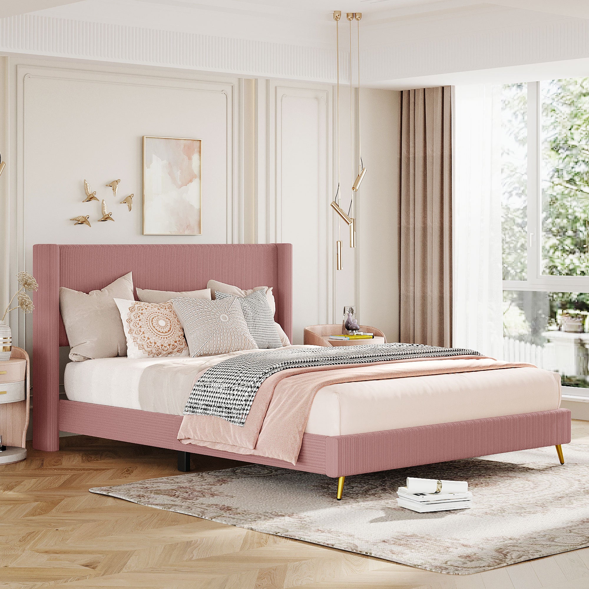 Queen Size Corduroy Platform Bed with Metal Legs, Pink pink-corduroy