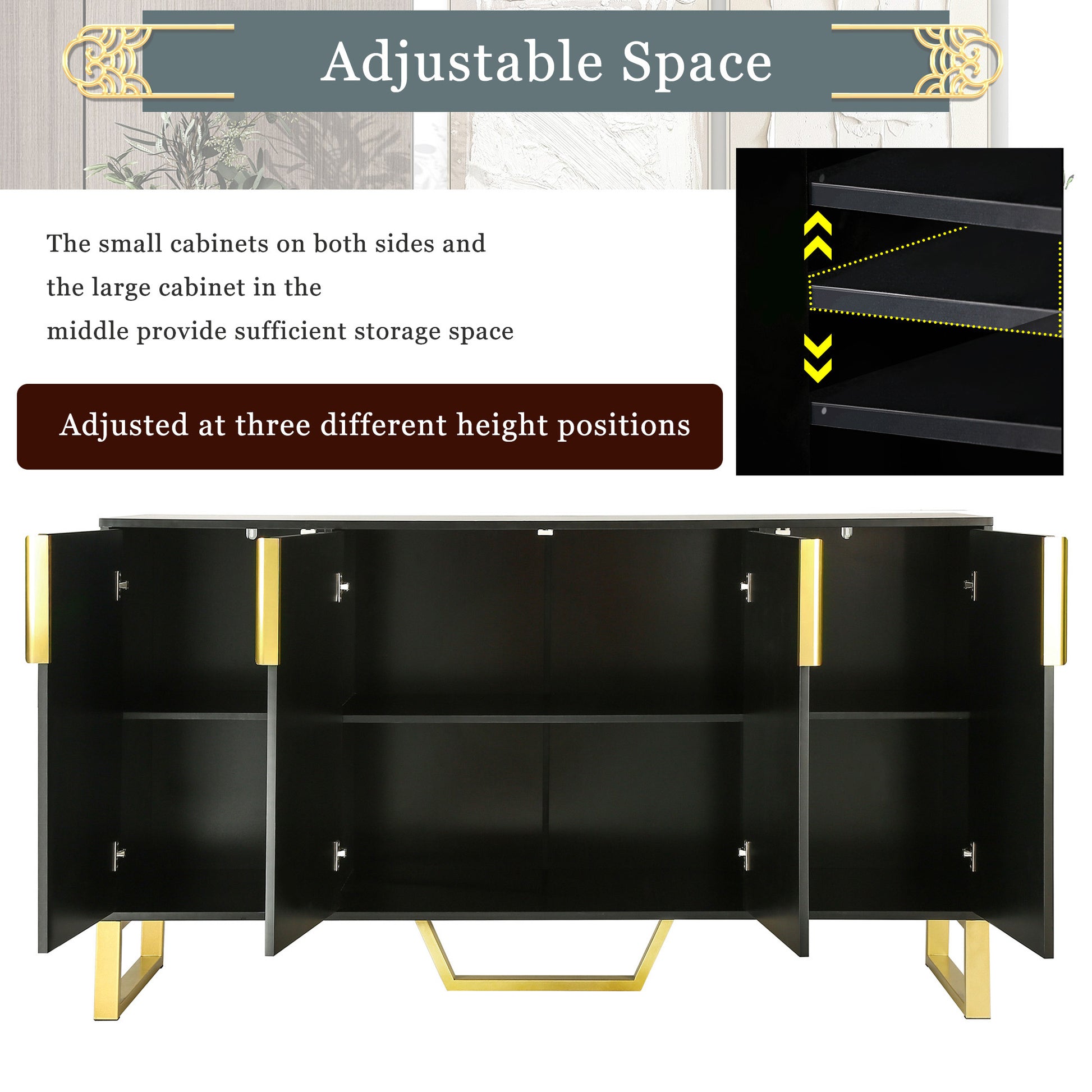 Modern Sideboard With Four Doors, Metal Handles & Legs And Adjustable Shelves Kitchen Cabinet Black Black Particle Board