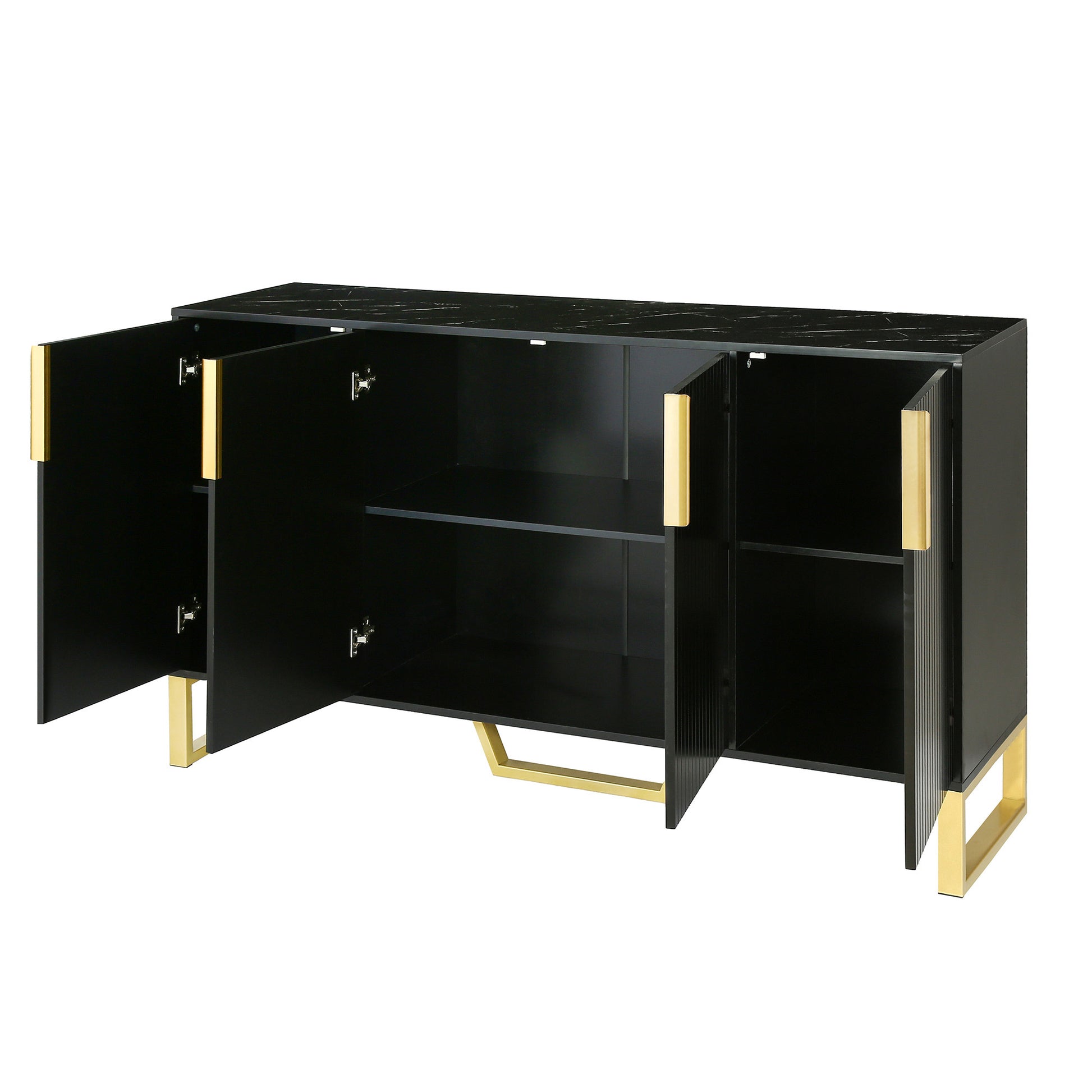 Modern Sideboard With Four Doors, Metal Handles & Legs And Adjustable Shelves Kitchen Cabinet Black Black Particle Board