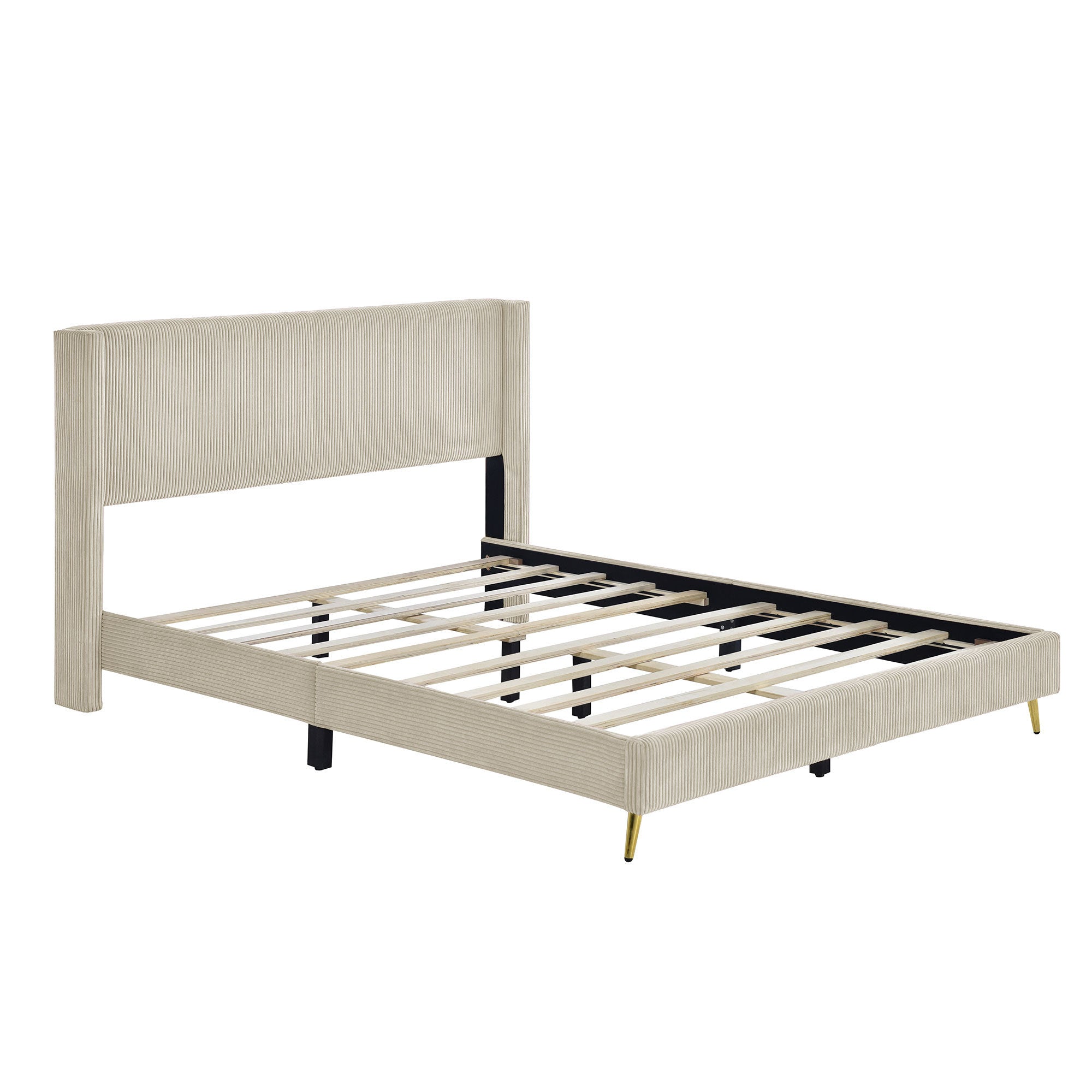 Queen Size Corduroy Platform Bed with Metal Legs, beige-corduroy