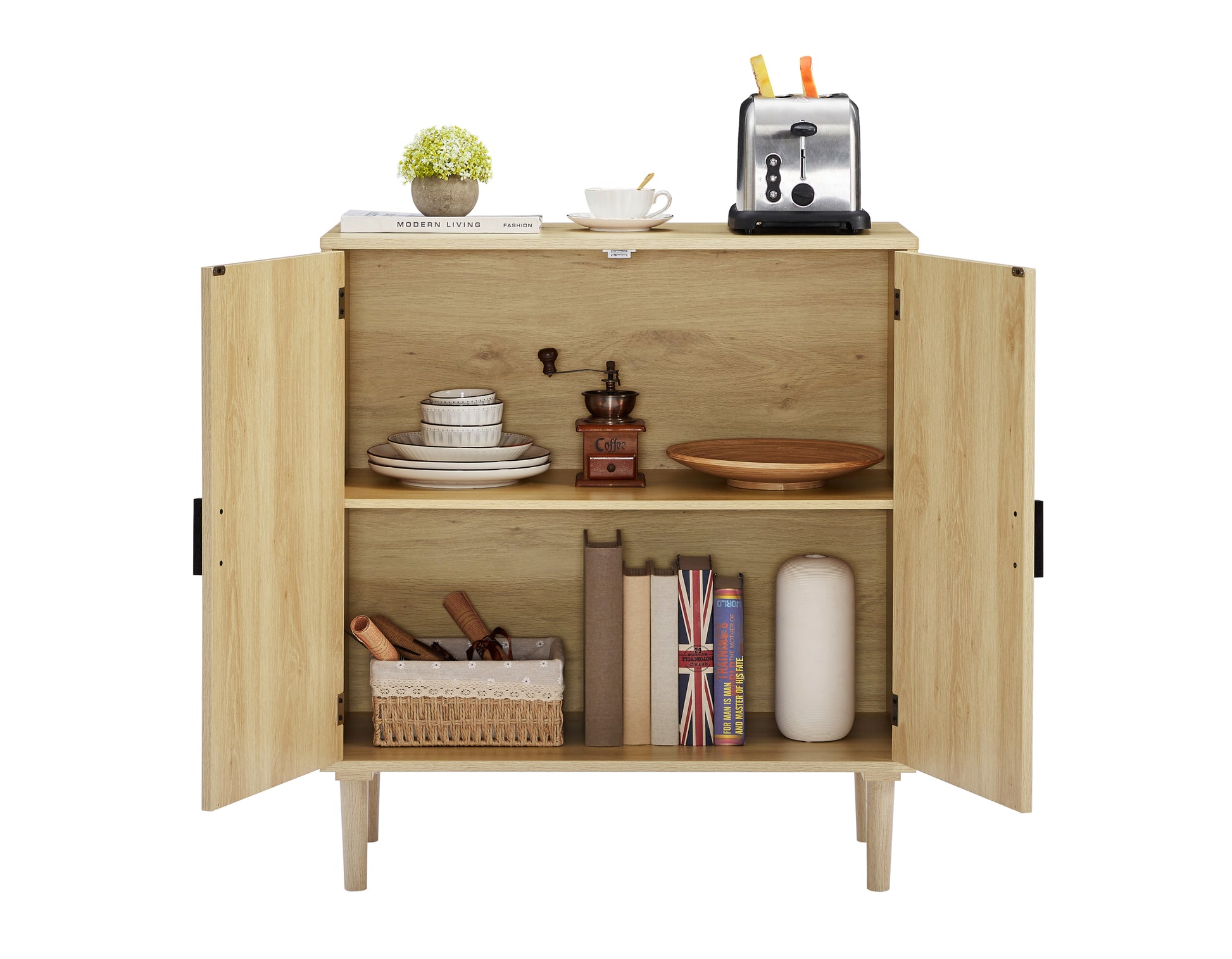 Kitchen Storage Cabinets With Rattan Decorative Doors, Buffets, Wine Cabinets, Dining Rooms, Hallways, Cabinet Console Tables, Natural, 31.5''W X 15.8''D X 34.6"H. Natural Particle Board