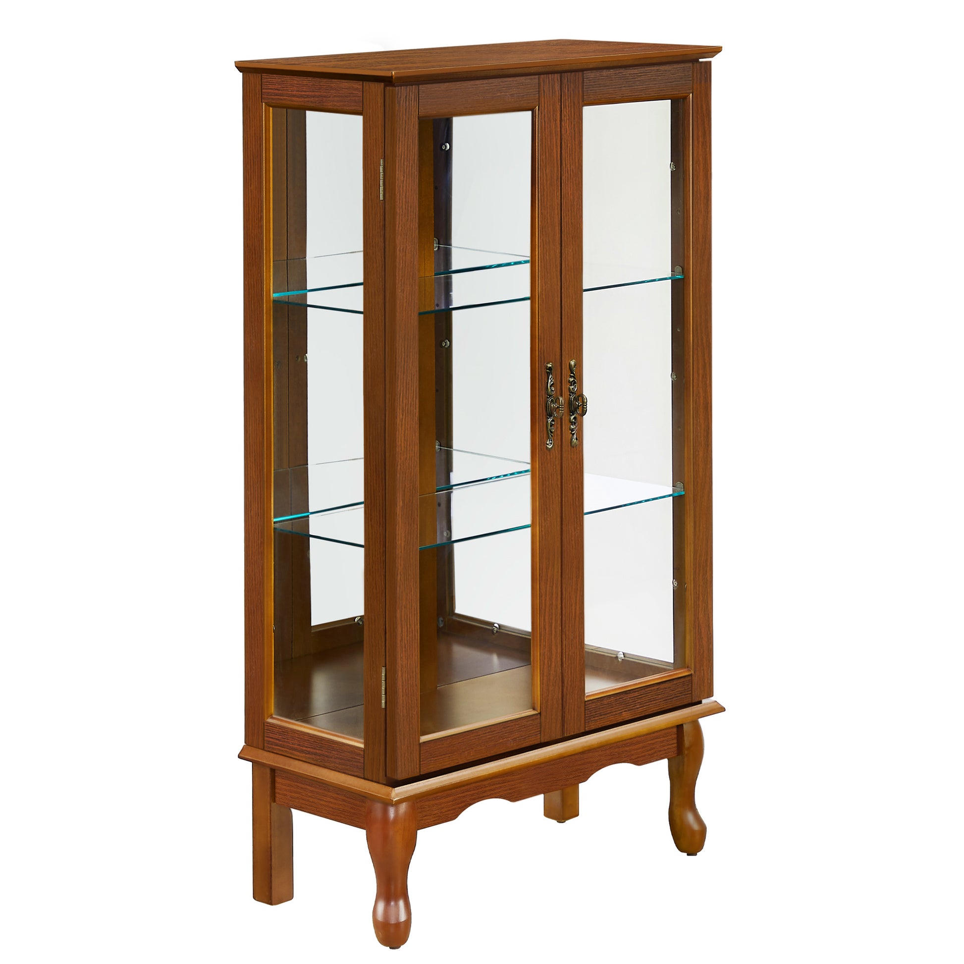 Curio Cabinet Lighted Curio Diapaly Cabinet With Adjustable Shelves And Mirrored Back Panel, Tempered Glass Doors Oak, 3 Tier , E26 Light Bulb Not Included Oak Mdf