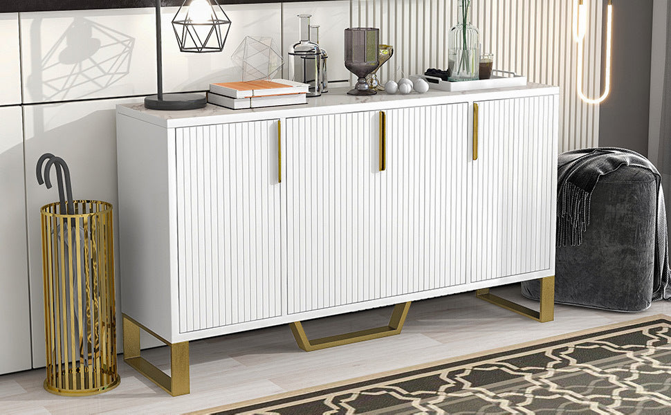 Modern Sideboard With Four Doors, Metal Handles & Legs And Adjustable Shelves Kitchen Cabinet White White Particle Board